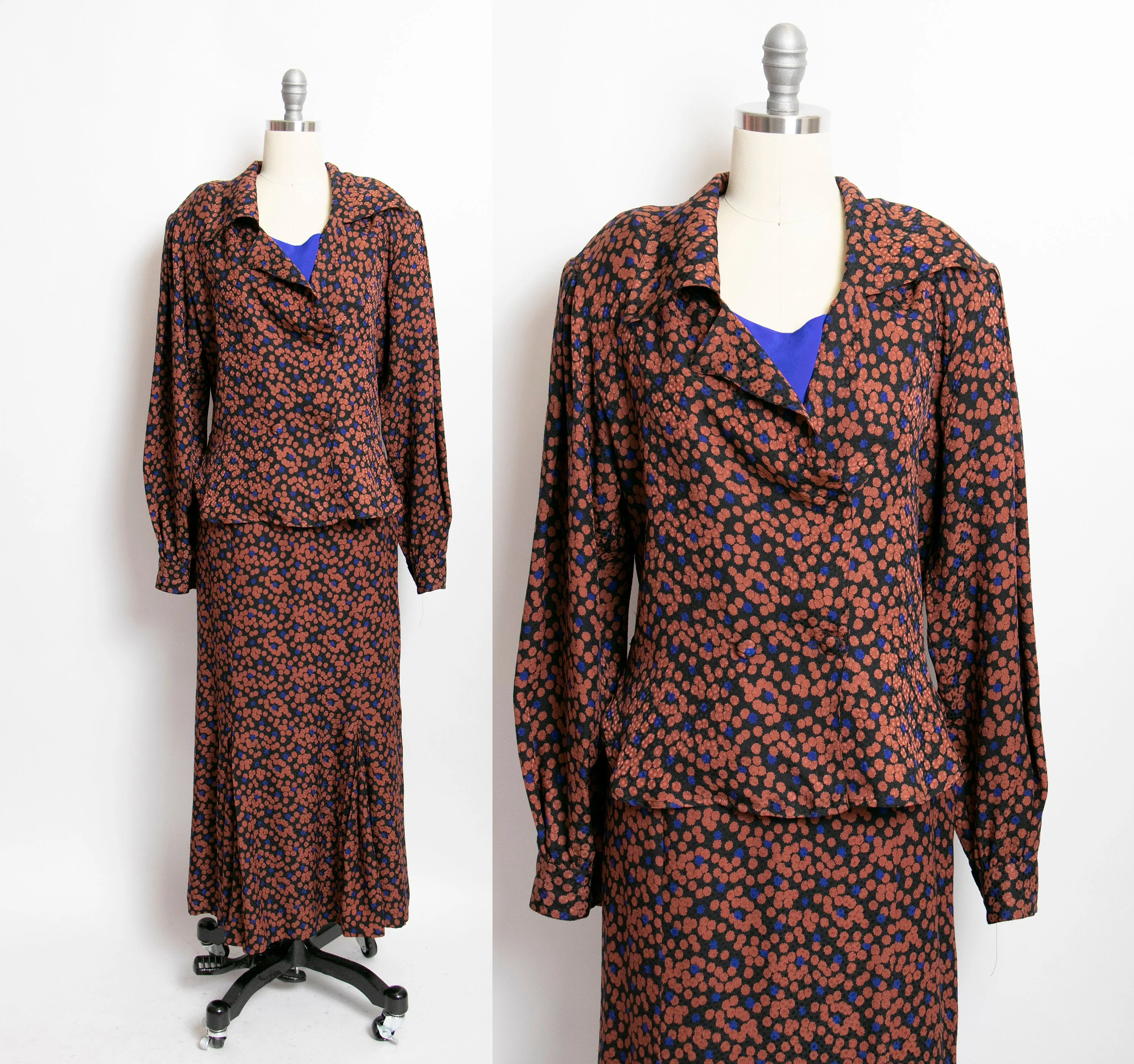 1990s Silk Ensemble Floral Blouse Skirt Set S