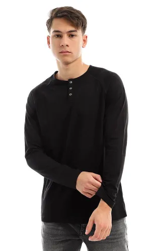 94629 Long Sleeves Buttoned Black Henley Shirt