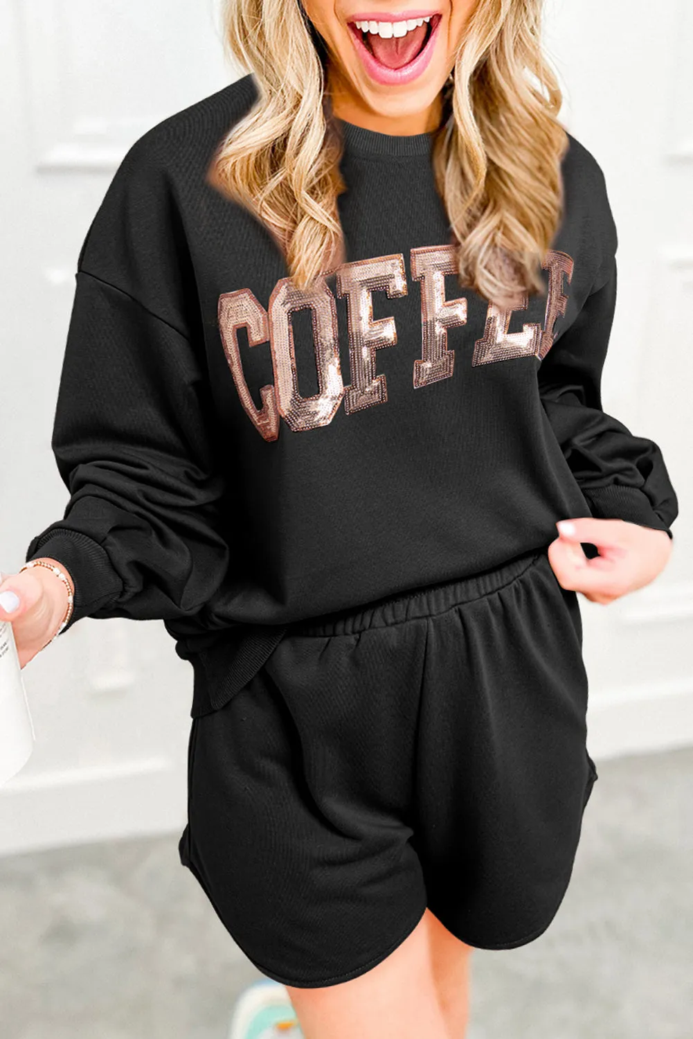 Black Sequined COFFEE Loose Fit Sweatshirt and Shorts Set