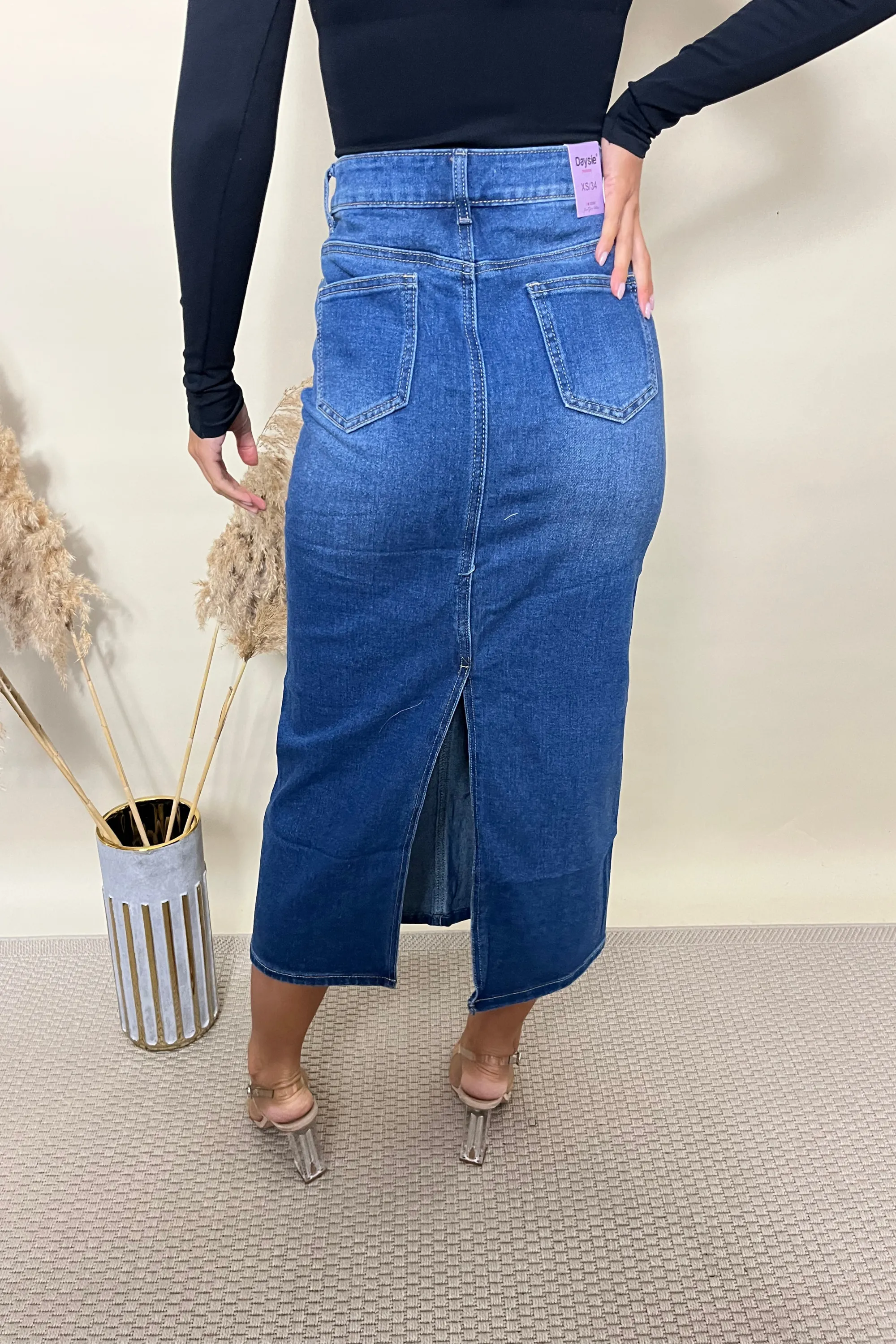 Button Front Denim Midi Skirt