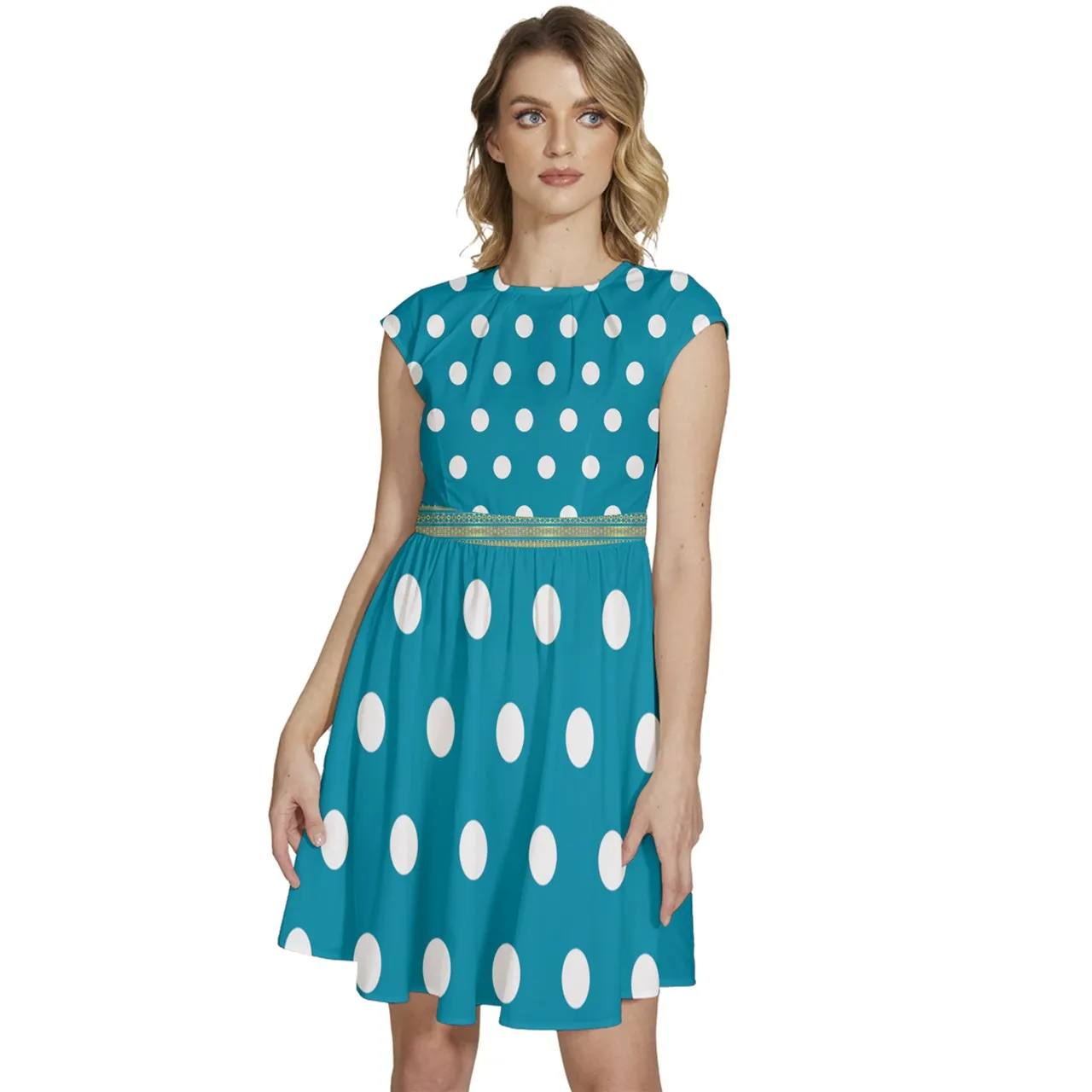 Cap Sleeve High Waist Dots Dress