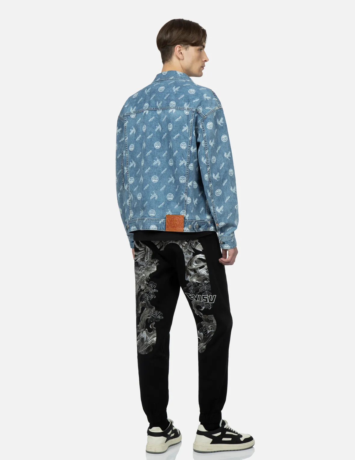 Eagle and Kamon Allover Discharged Print Denim Jacket