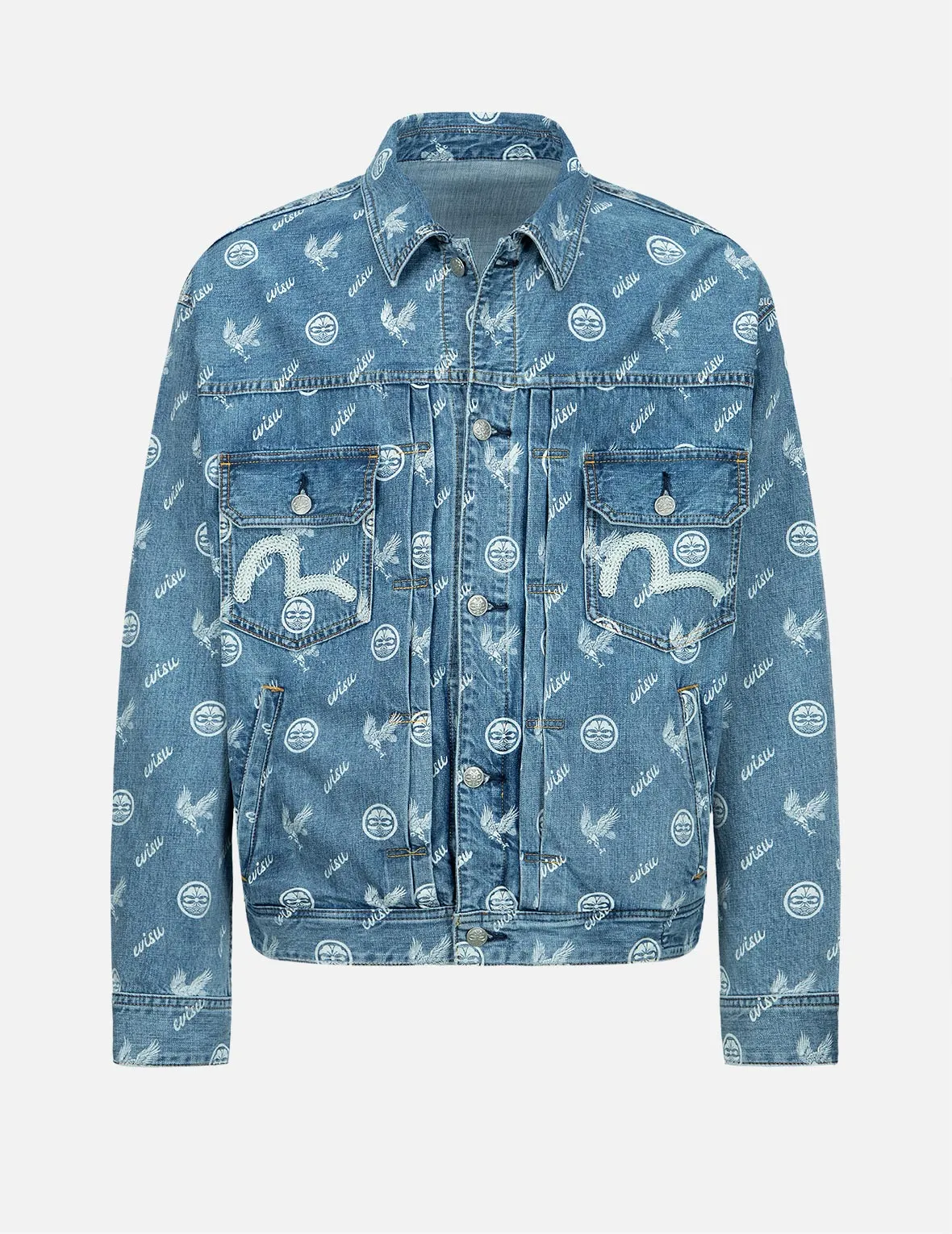 Eagle and Kamon Allover Discharged Print Denim Jacket