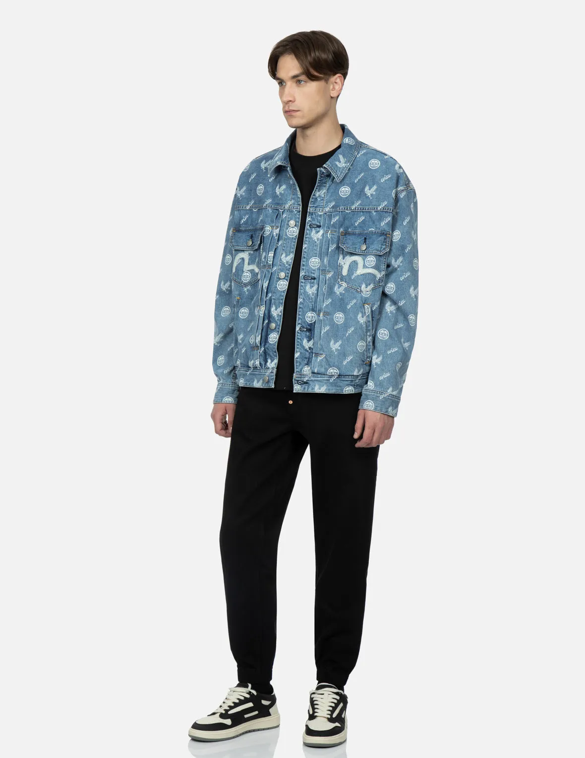 Eagle and Kamon Allover Discharged Print Denim Jacket