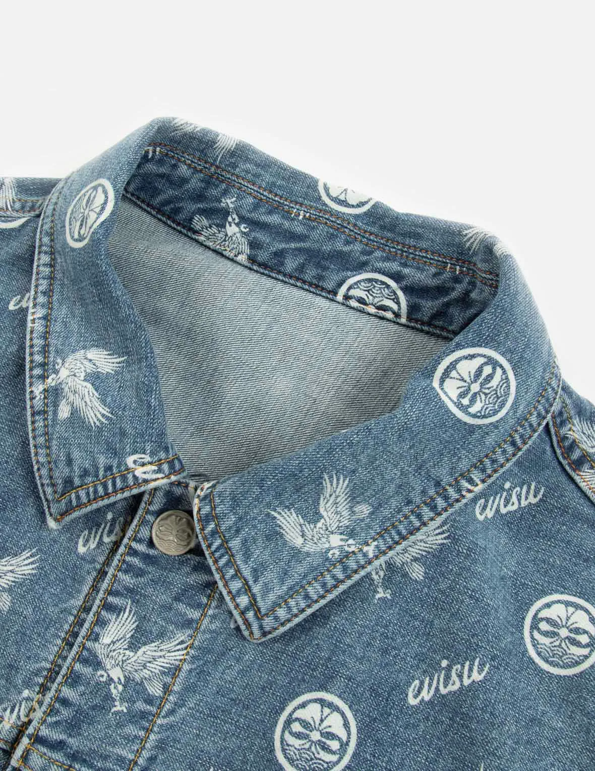 Eagle and Kamon Allover Discharged Print Denim Jacket