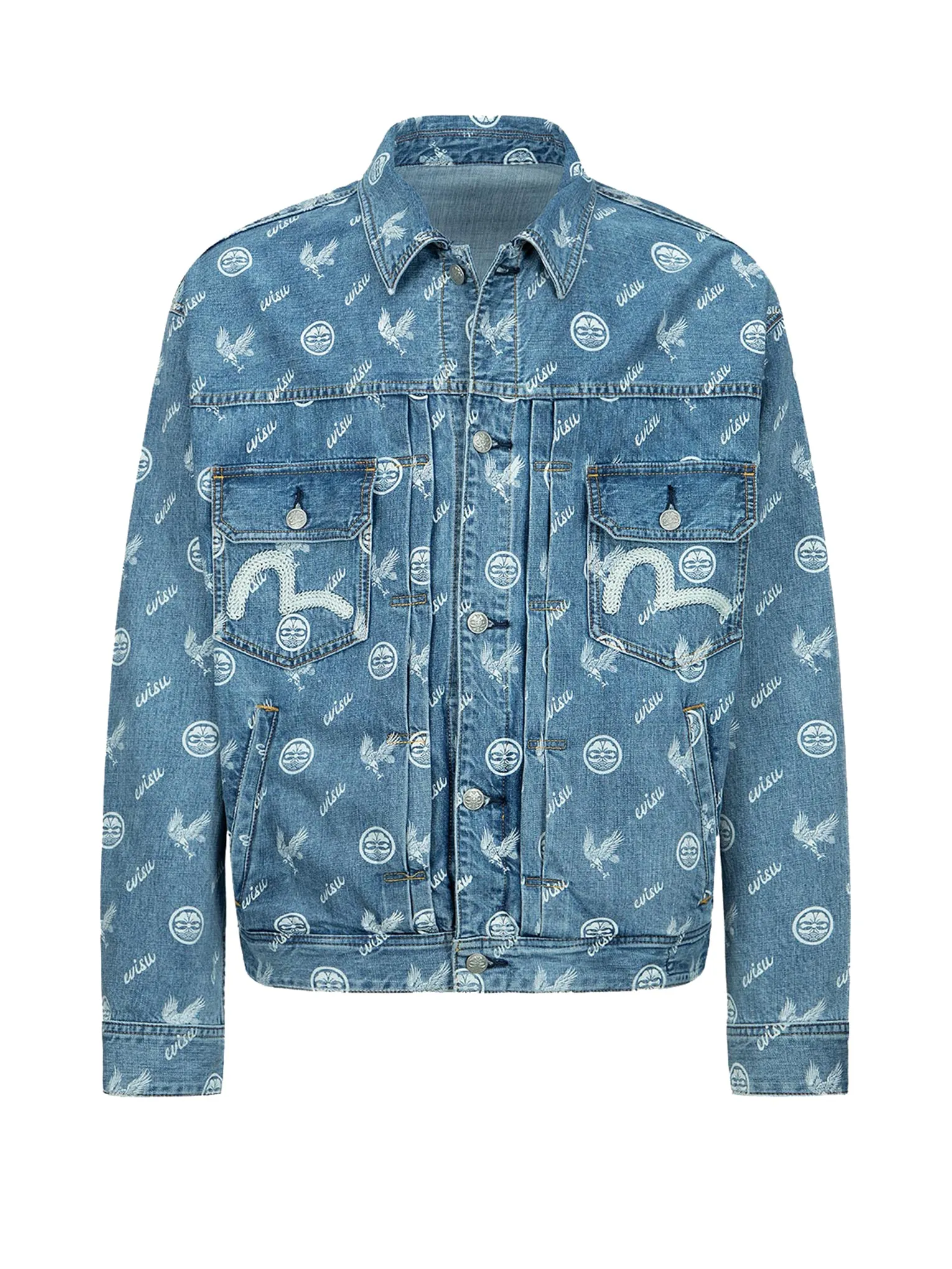 Eagle and Kamon Allover Discharged Print Denim Jacket