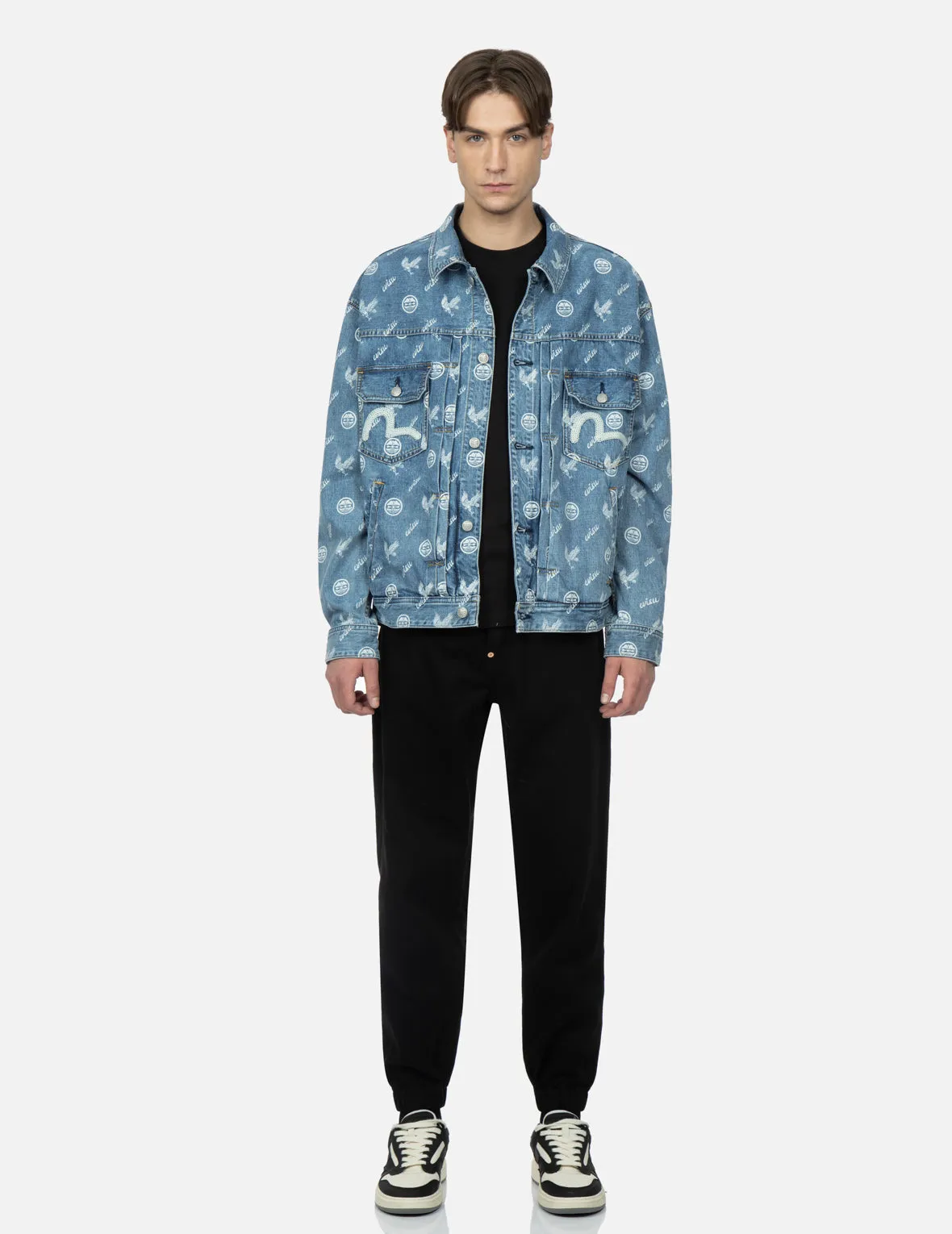 Eagle and Kamon Allover Discharged Print Denim Jacket