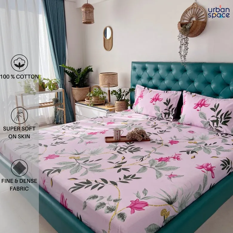 Fitted King Size Cotton Bedsheet - Bloom Ray Pink