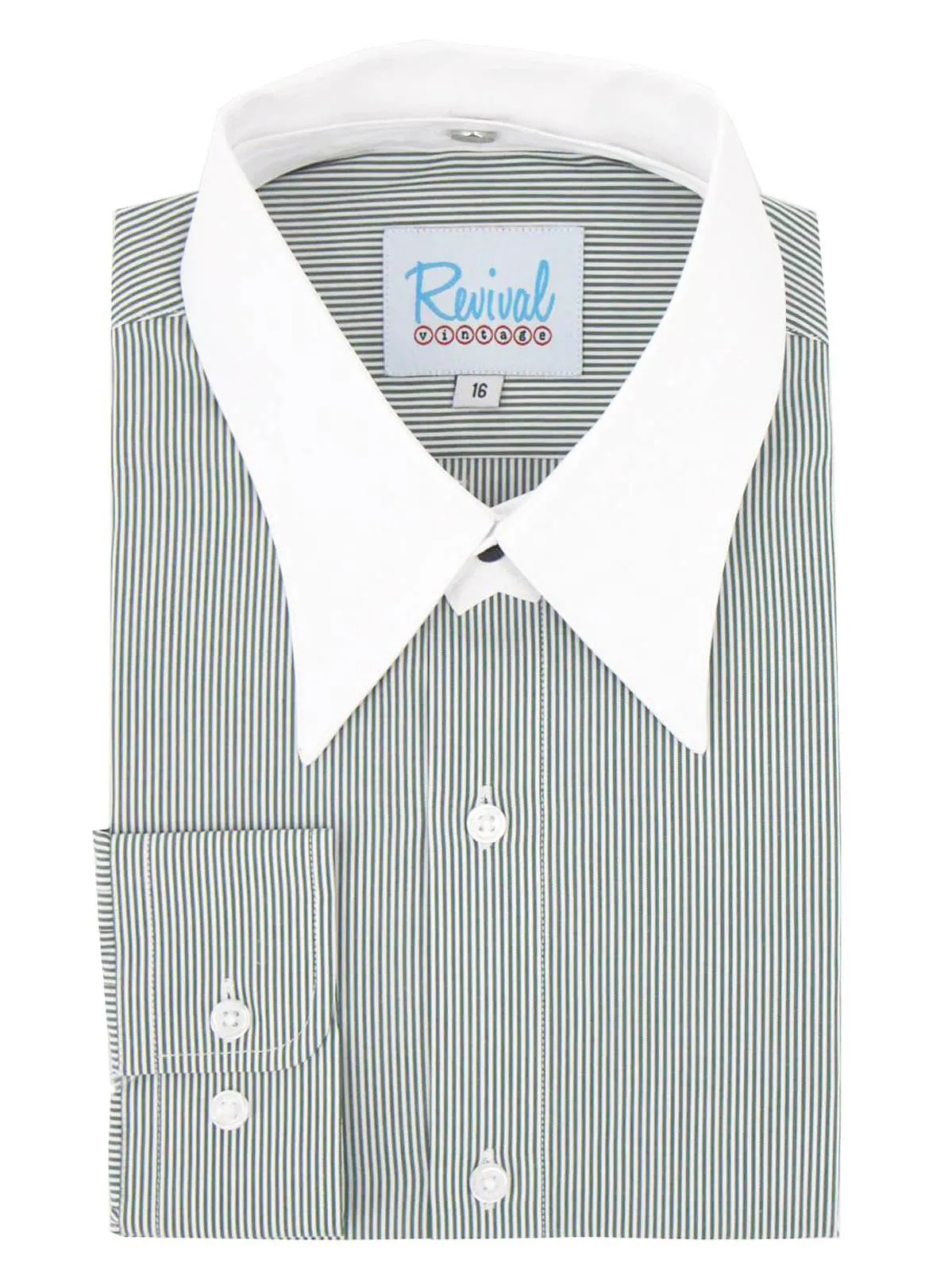 Green Stripe Collarless Grandad Shirt with Detachable Spearpoint Collar