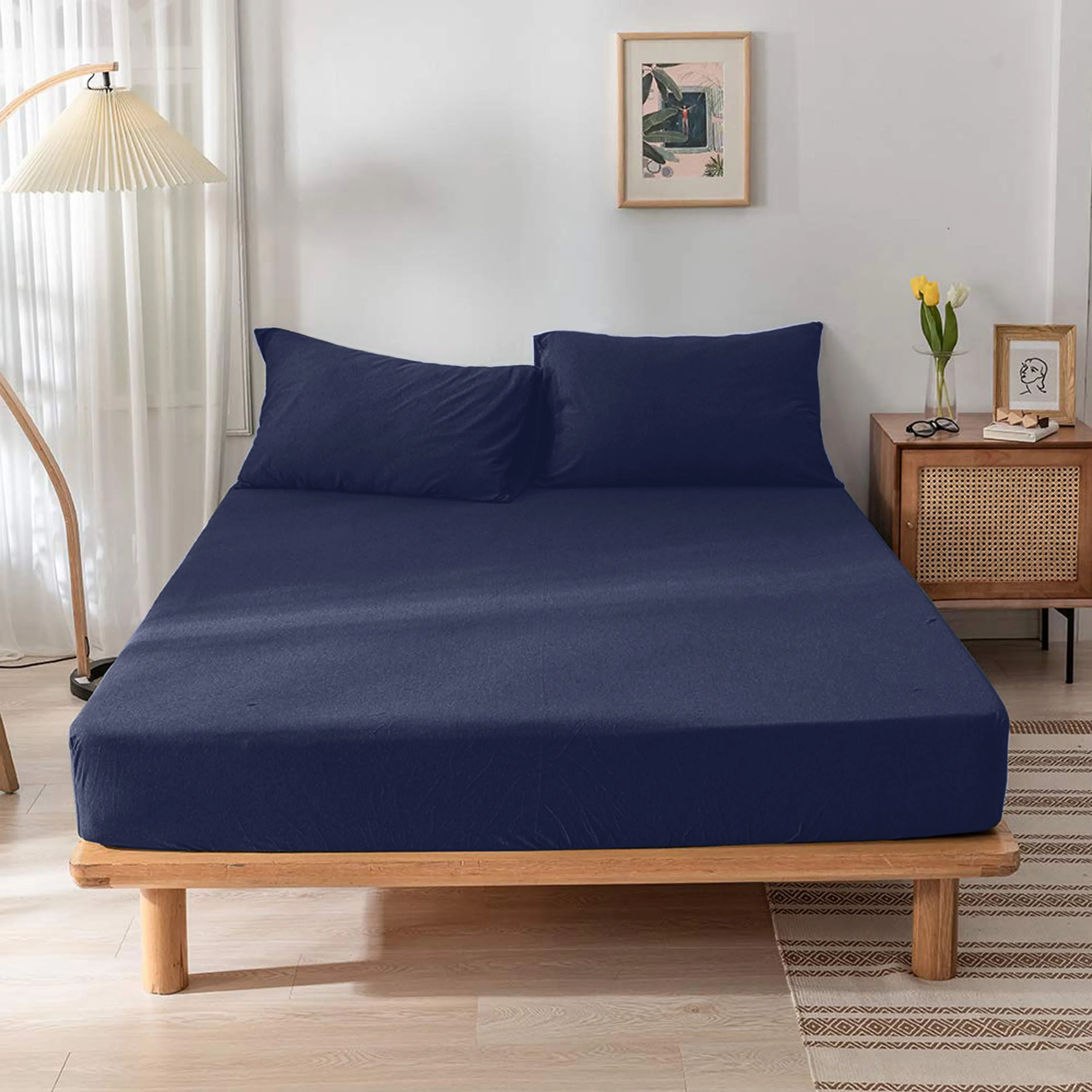 High Quality Navy Blue Cotton Jersey Twin 3 Piece Fitted Sheet Set 160x200 30cm with Deep Pockets and 2 Pillow Case