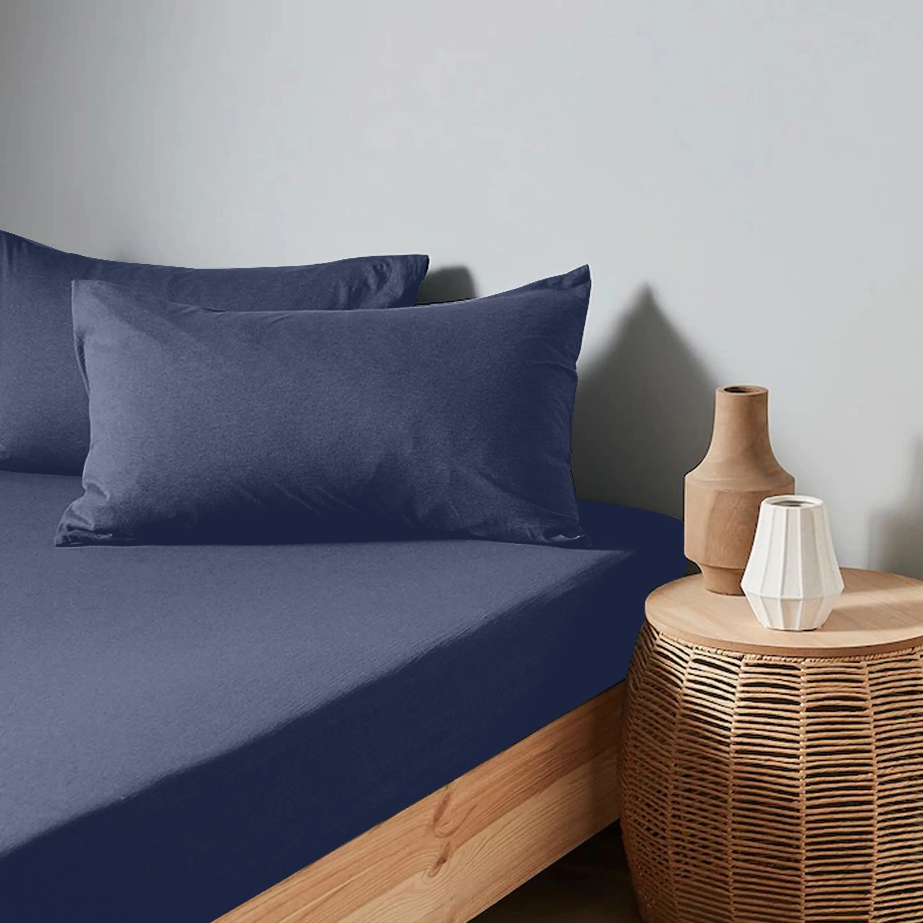 High Quality Navy Blue Cotton Jersey Twin 3 Piece Fitted Sheet Set 160x200 30cm with Deep Pockets and 2 Pillow Case