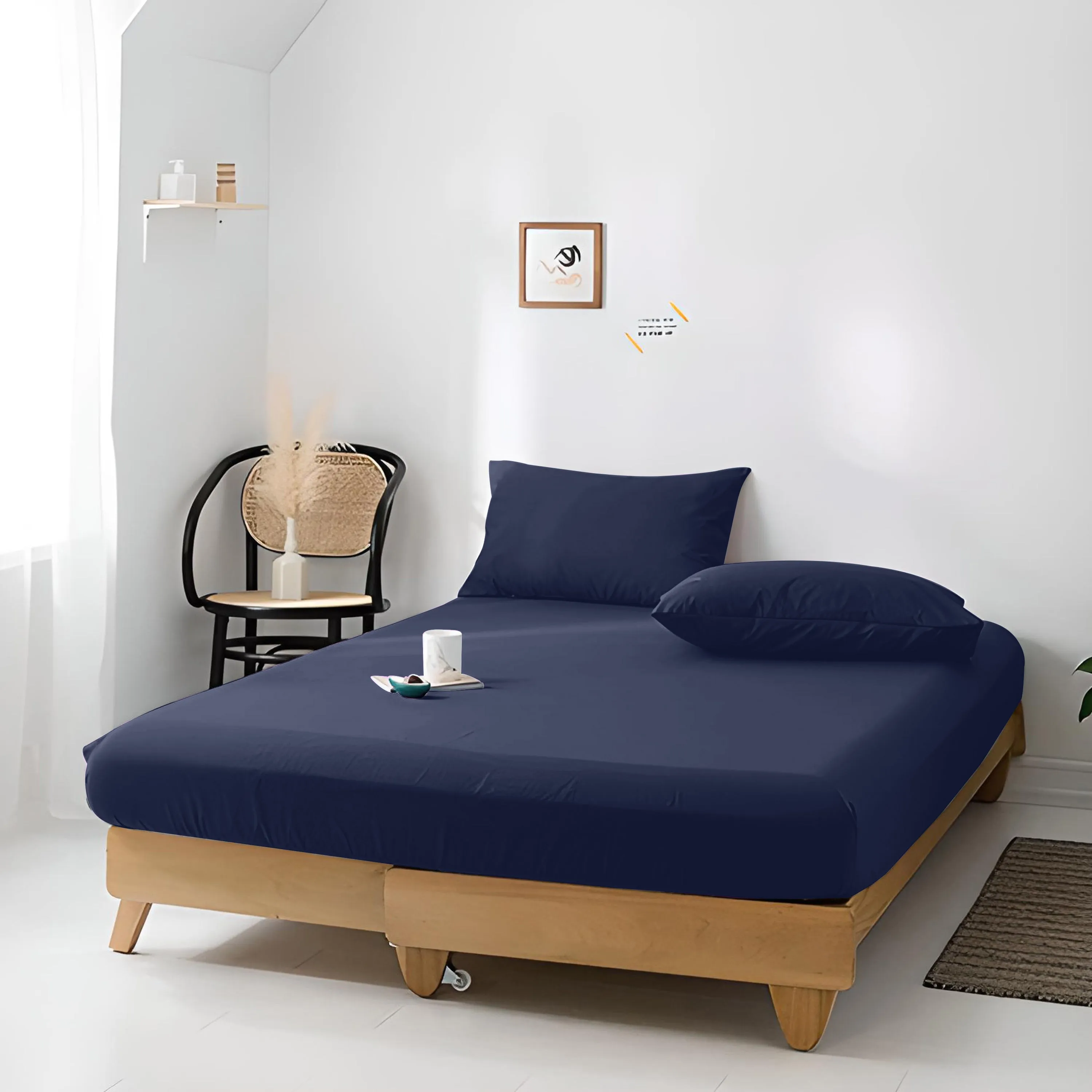 High Quality Navy Blue Cotton Jersey Twin 3 Piece Fitted Sheet Set 160x200 30cm with Deep Pockets and 2 Pillow Case