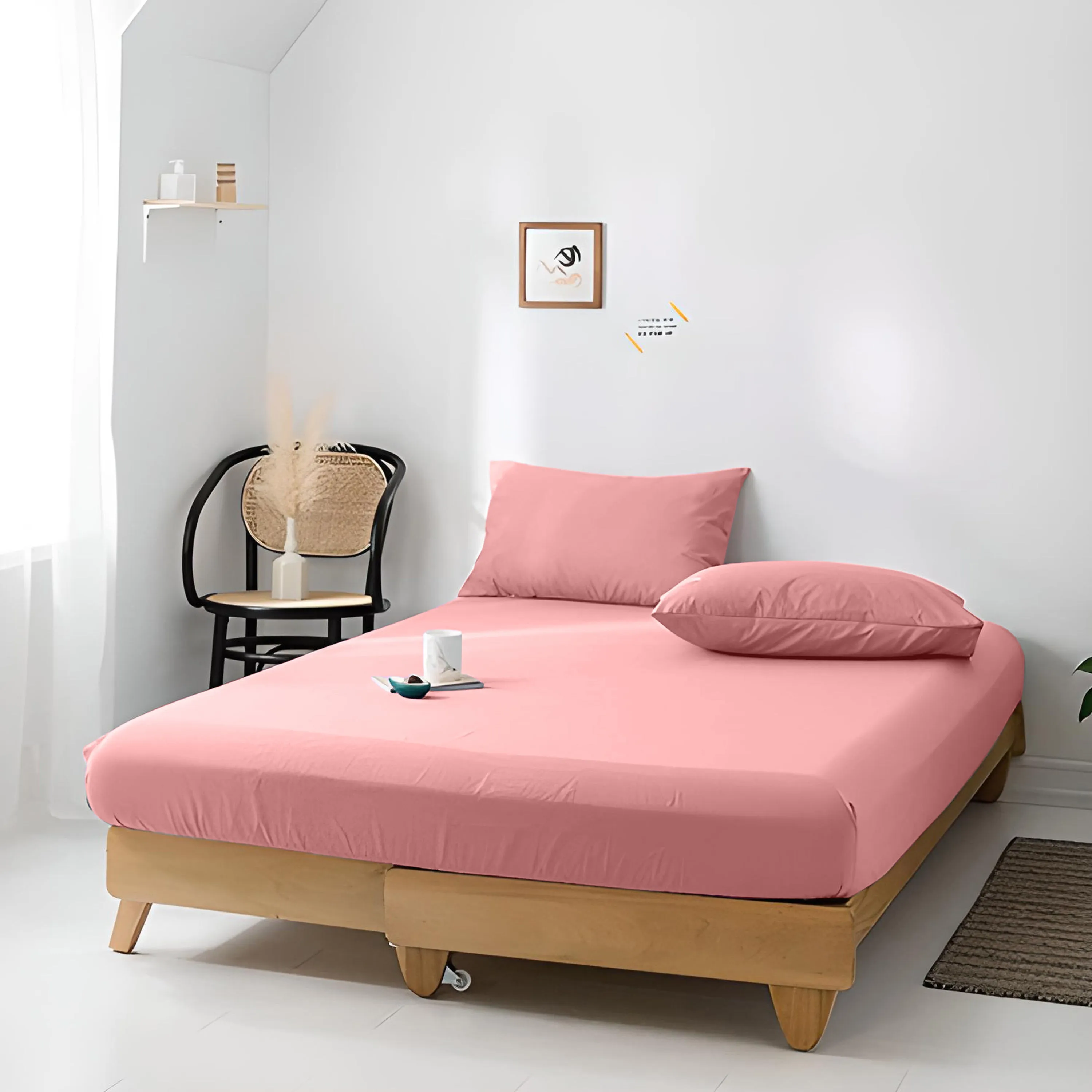 High Quality Pink Cotton Jersey Single 3 Piece Fitted Sheet Set 90x190 25cm with Deep Pockets and 2 Pillow Case