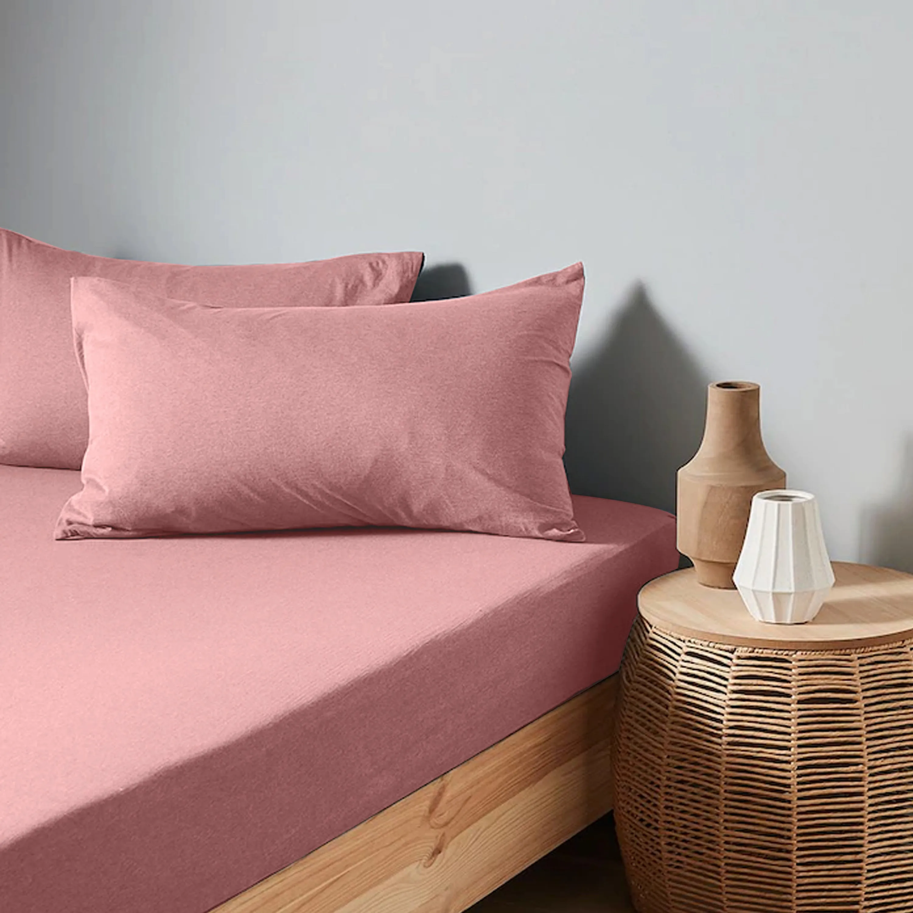 High Quality Pink Cotton Jersey Single 3 Piece Fitted Sheet Set 90x190 25cm with Deep Pockets and 2 Pillow Case