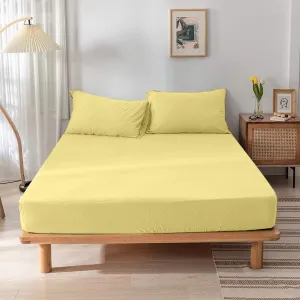 High Quality Yellow Cotton Jersey Queen 3 Piece Fitted Sheet Set 180x200 30cm with Deep Pockets and 2 Pillow Case