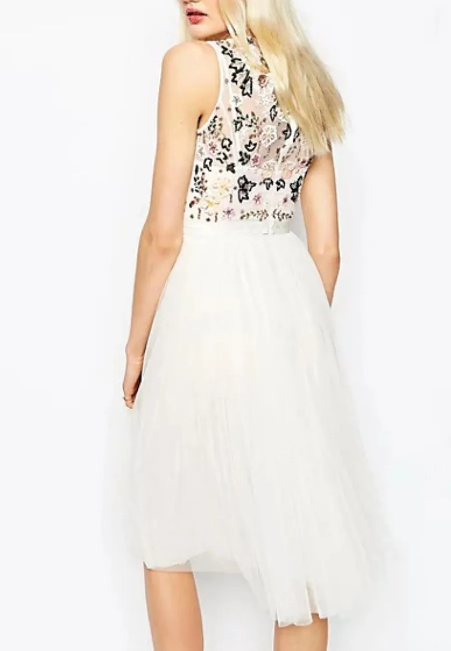 Ivory Embellished Floral Tulle Midi Dress