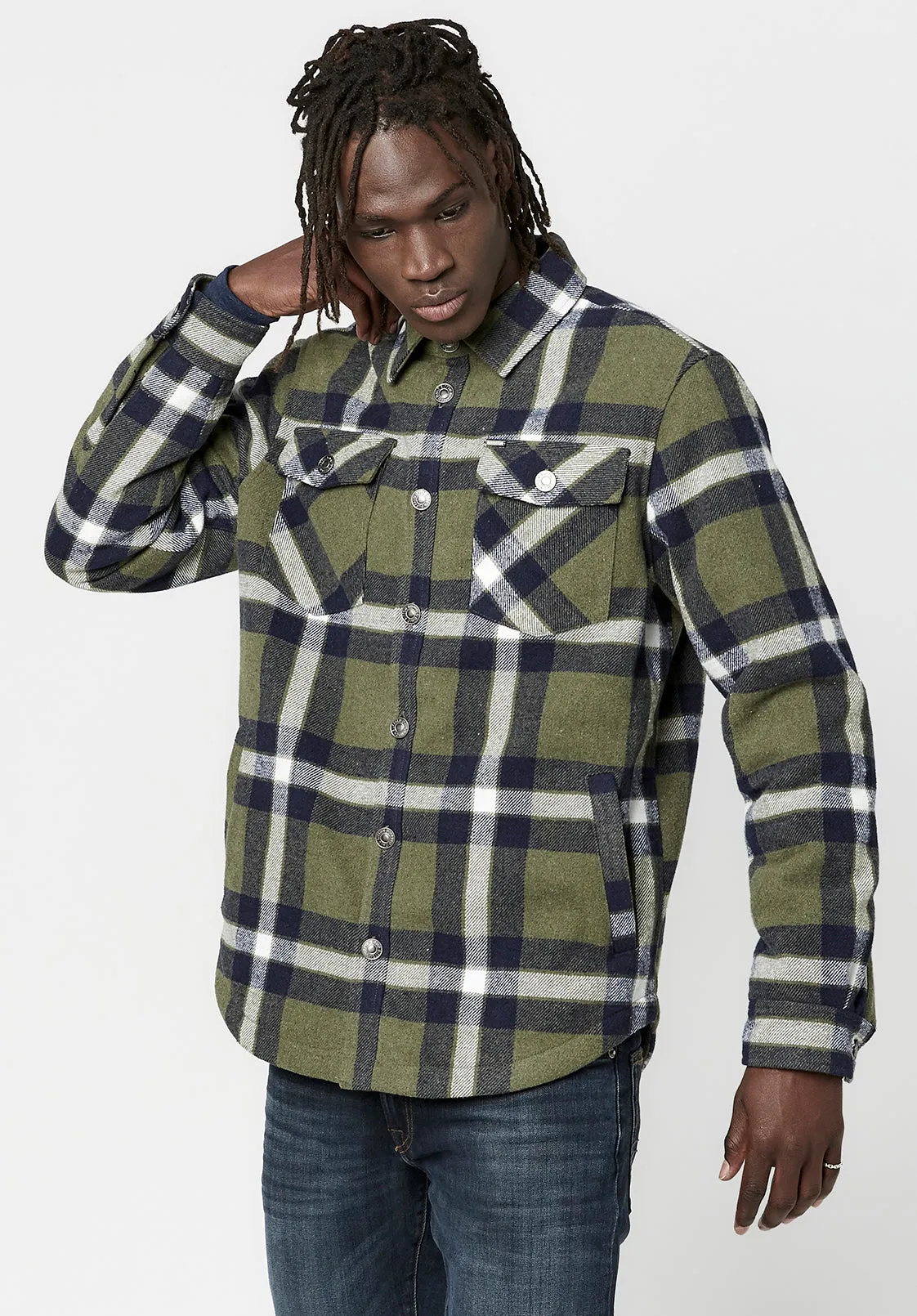 Japuy Men's Shacket in Green Black Plaid - BM23653