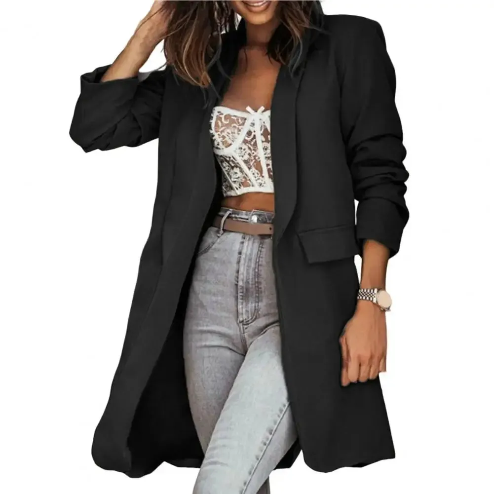 Ladies Blazer Office Lapel Cardigan Long Sleeves Mid-Length Women Autumn Winter Solid Color Suit Coat