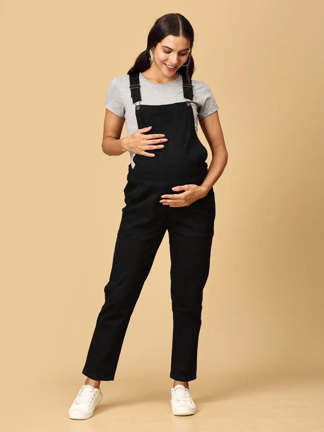 Maternity Denim Dungaree with Elasticated Waist Black