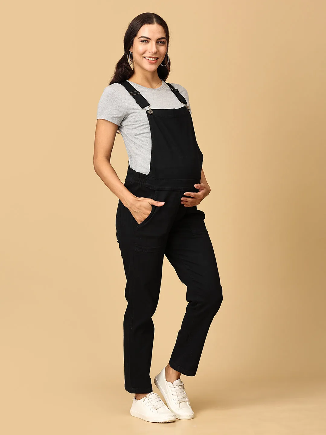 Maternity Denim Dungaree with Elasticated Waist Black