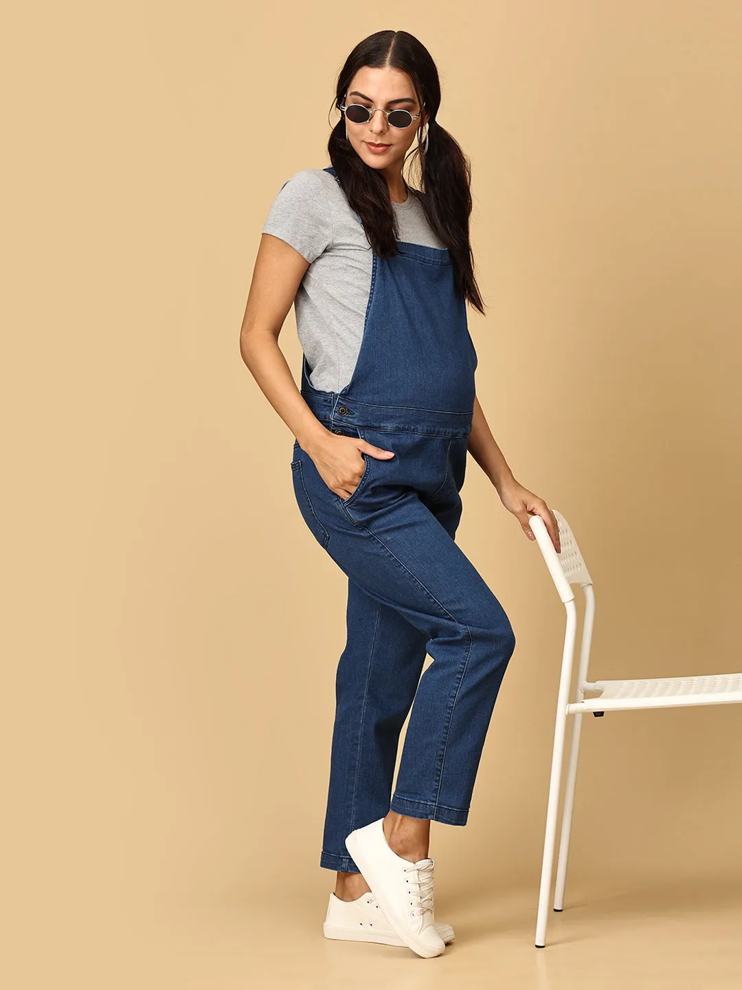 Maternity Denim Dungaree with Side Buttons Blue