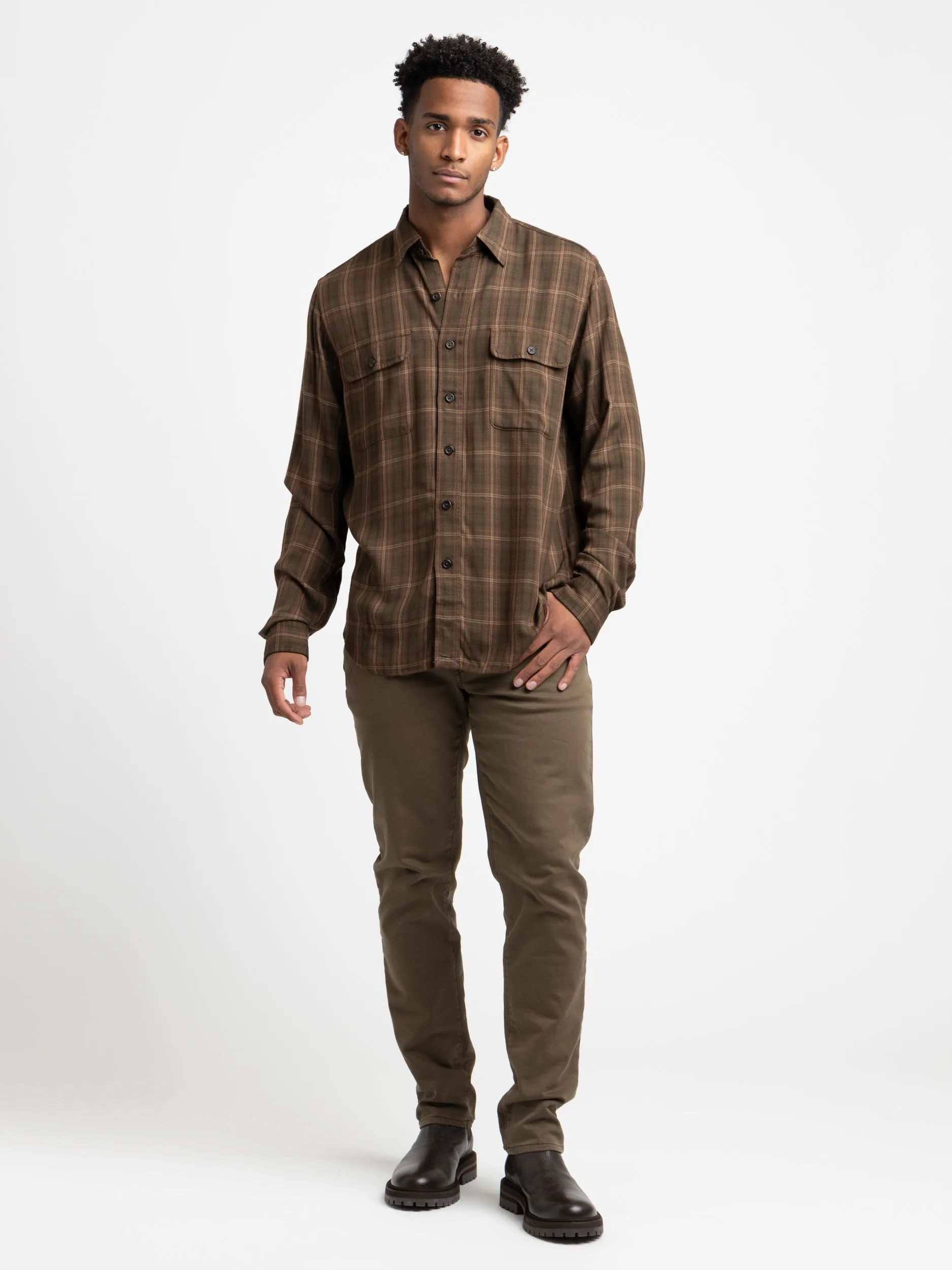 Olive Brown Classic Fit Plaid Twill Workshirt