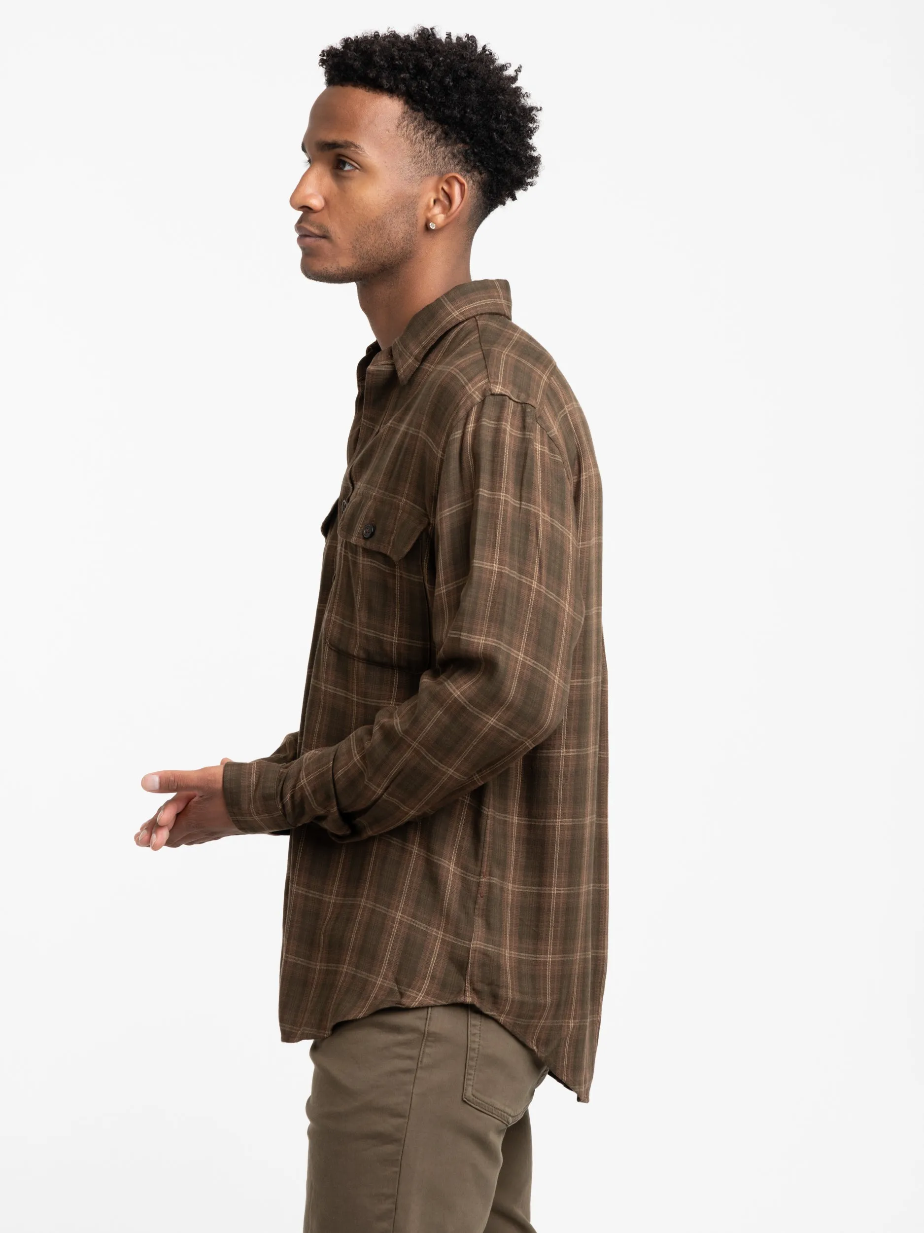 Olive Brown Classic Fit Plaid Twill Workshirt