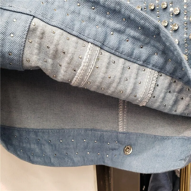 Pre Order:  Diamond Beading Long Sleeve Loose Denim Jacket