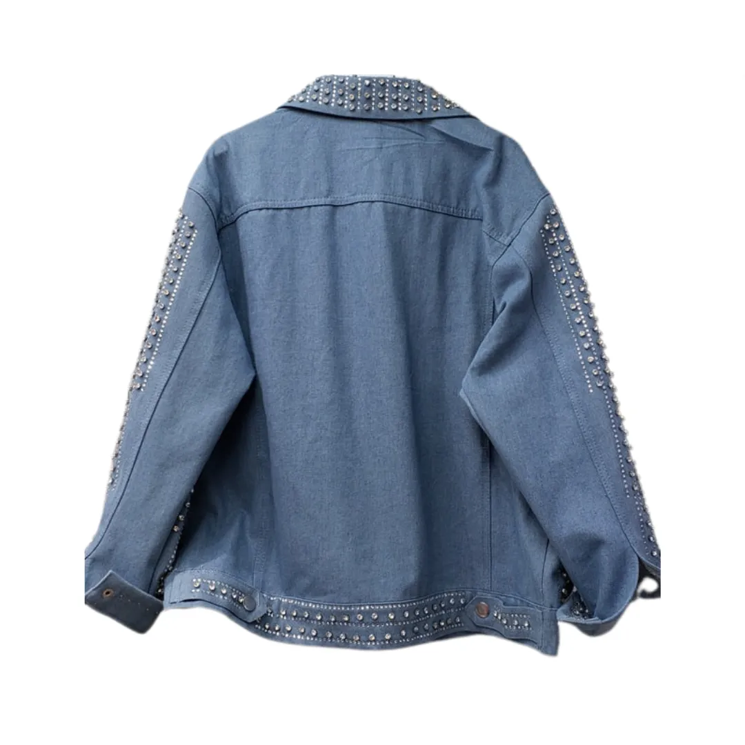 Pre Order:  Diamond Beading Long Sleeve Loose Denim Jacket