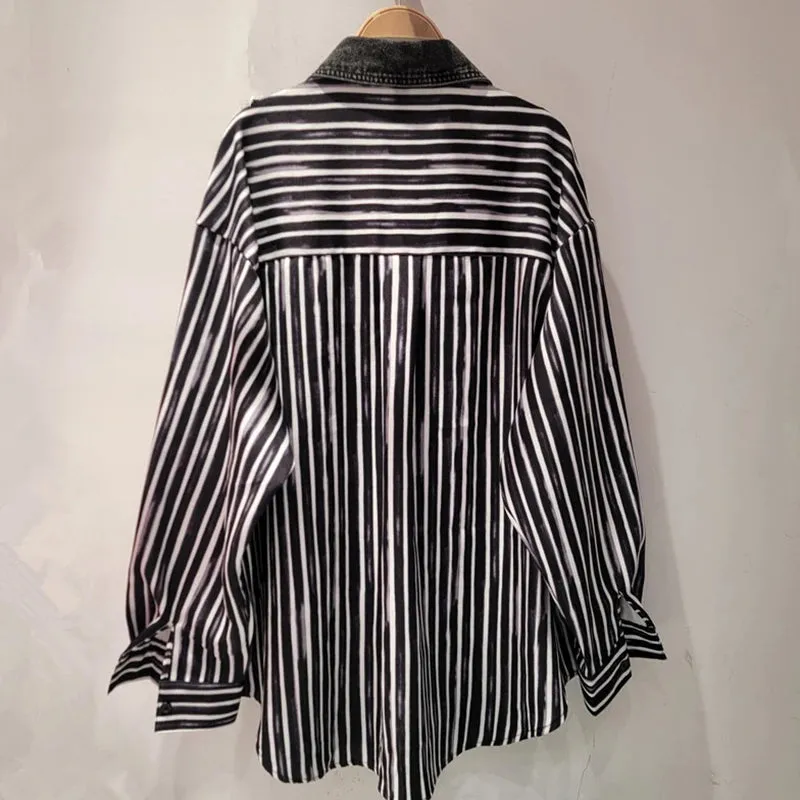 Pre Order: Long Sleeve Striped Spliced Loose Casual Shirt