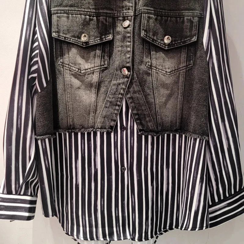 Pre Order: Long Sleeve Striped Spliced Loose Casual Shirt