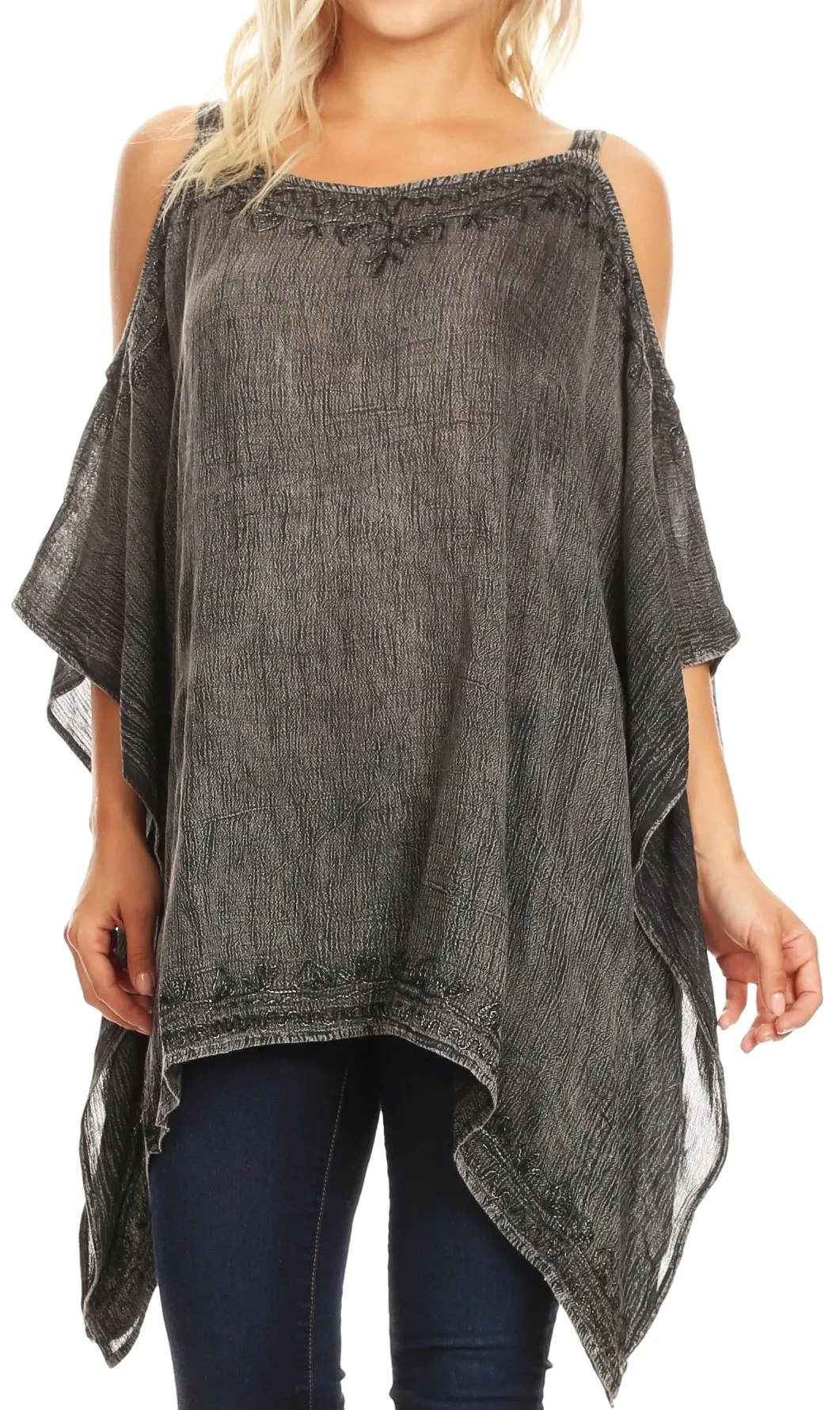 Sakkas Ada Womens Stonewashed Cold Shoulder Embroidered Casual Top Blouse Loose