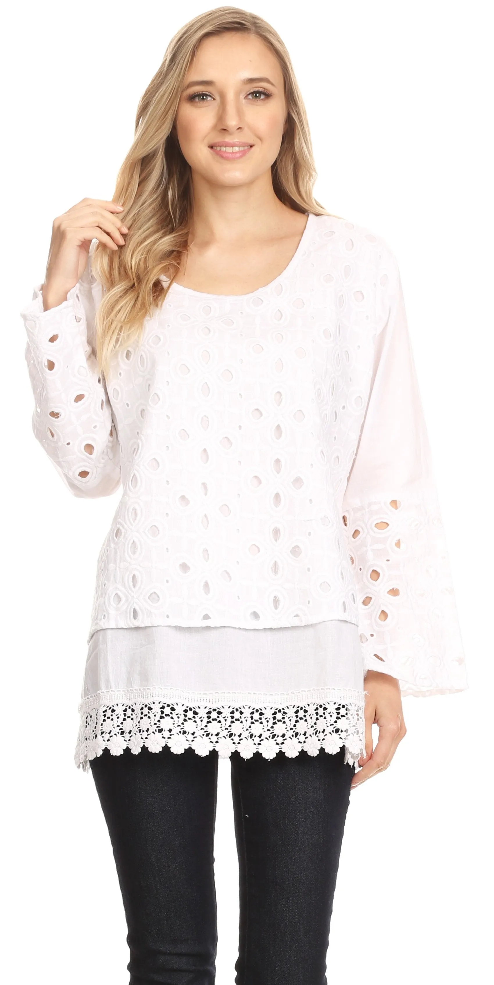 Sakkas Ayperi Womens Eyelet Embroidered Round Neck Cotton Basic Blouse Top Tunic