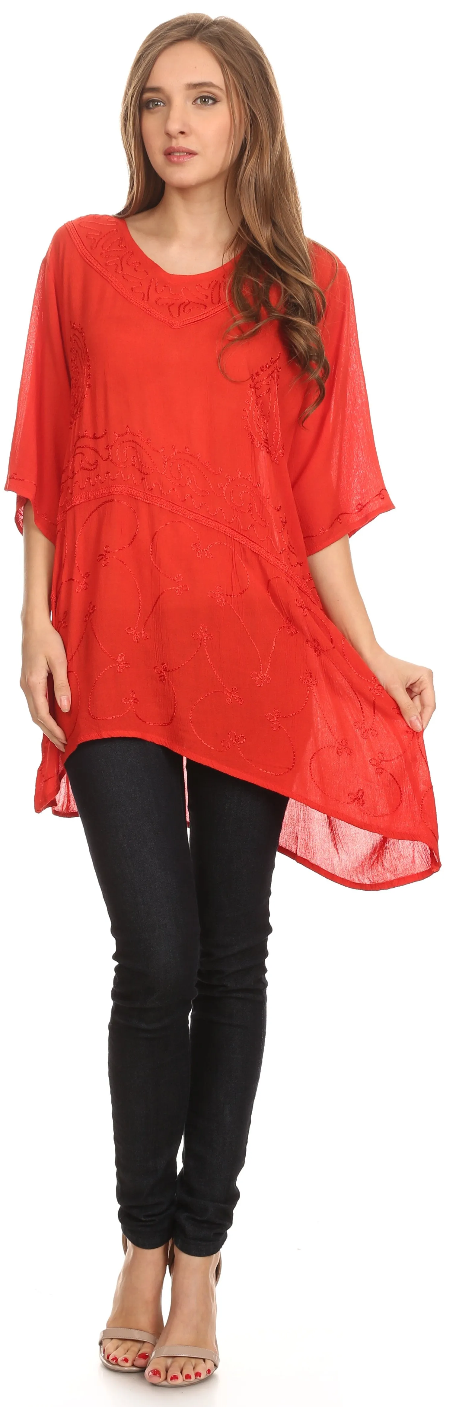 Sakkas Danta Lightweight Embroidered Asymmetrical Blouse With Mid Length Sleeve