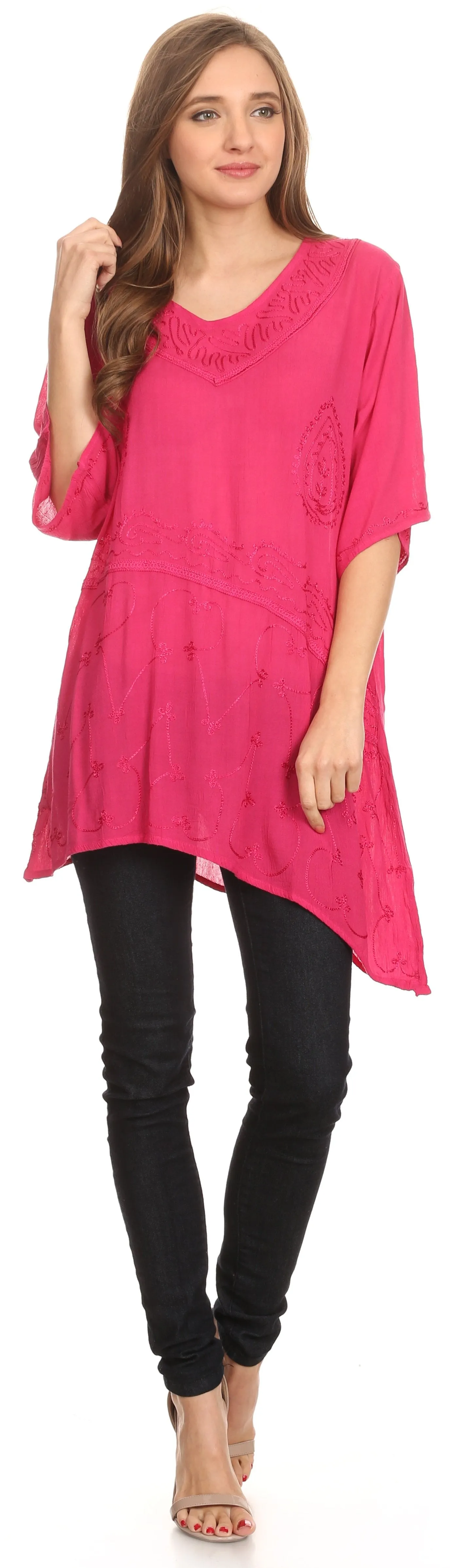 Sakkas Danta Lightweight Embroidered Asymmetrical Blouse With Mid Length Sleeve