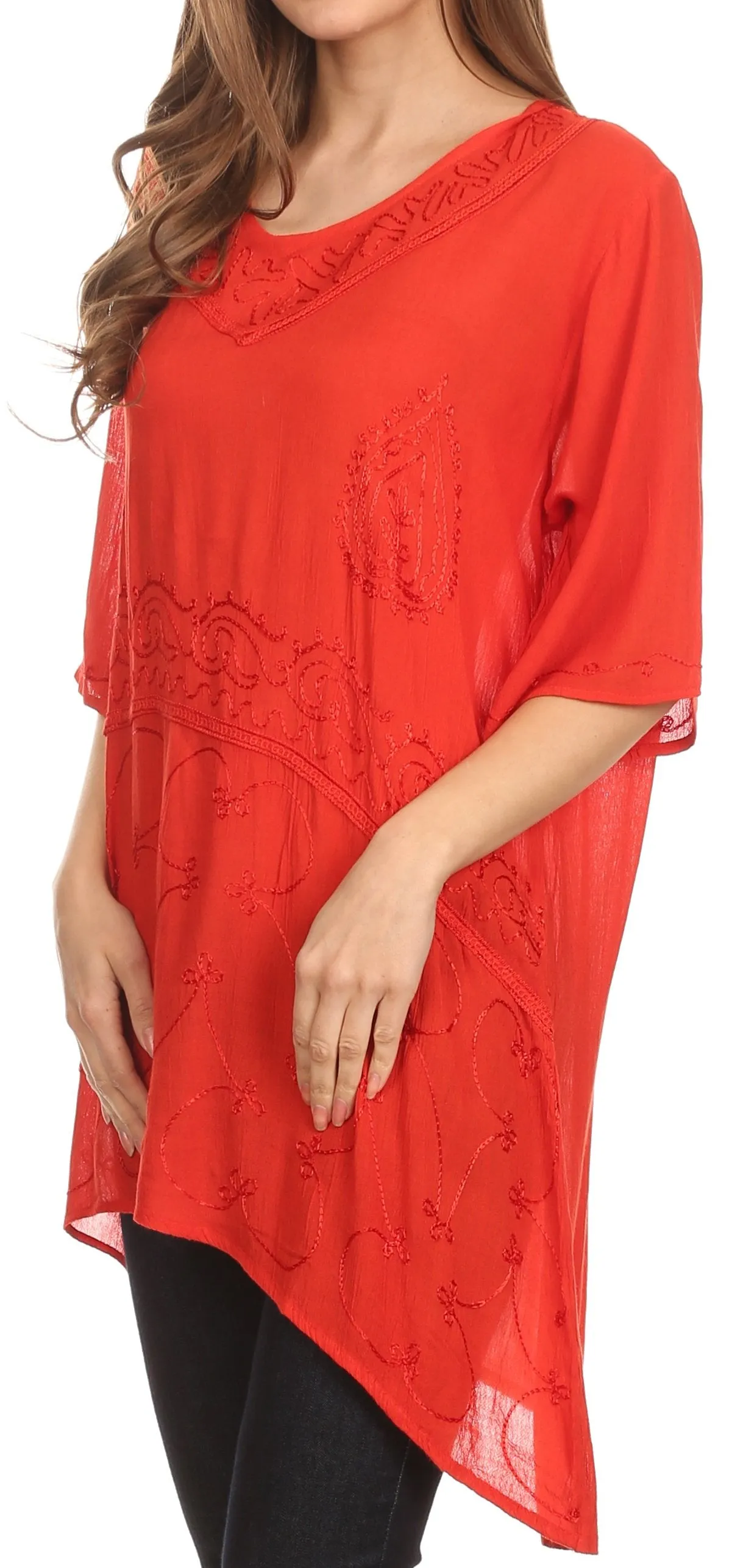 Sakkas Danta Lightweight Embroidered Asymmetrical Blouse With Mid Length Sleeve