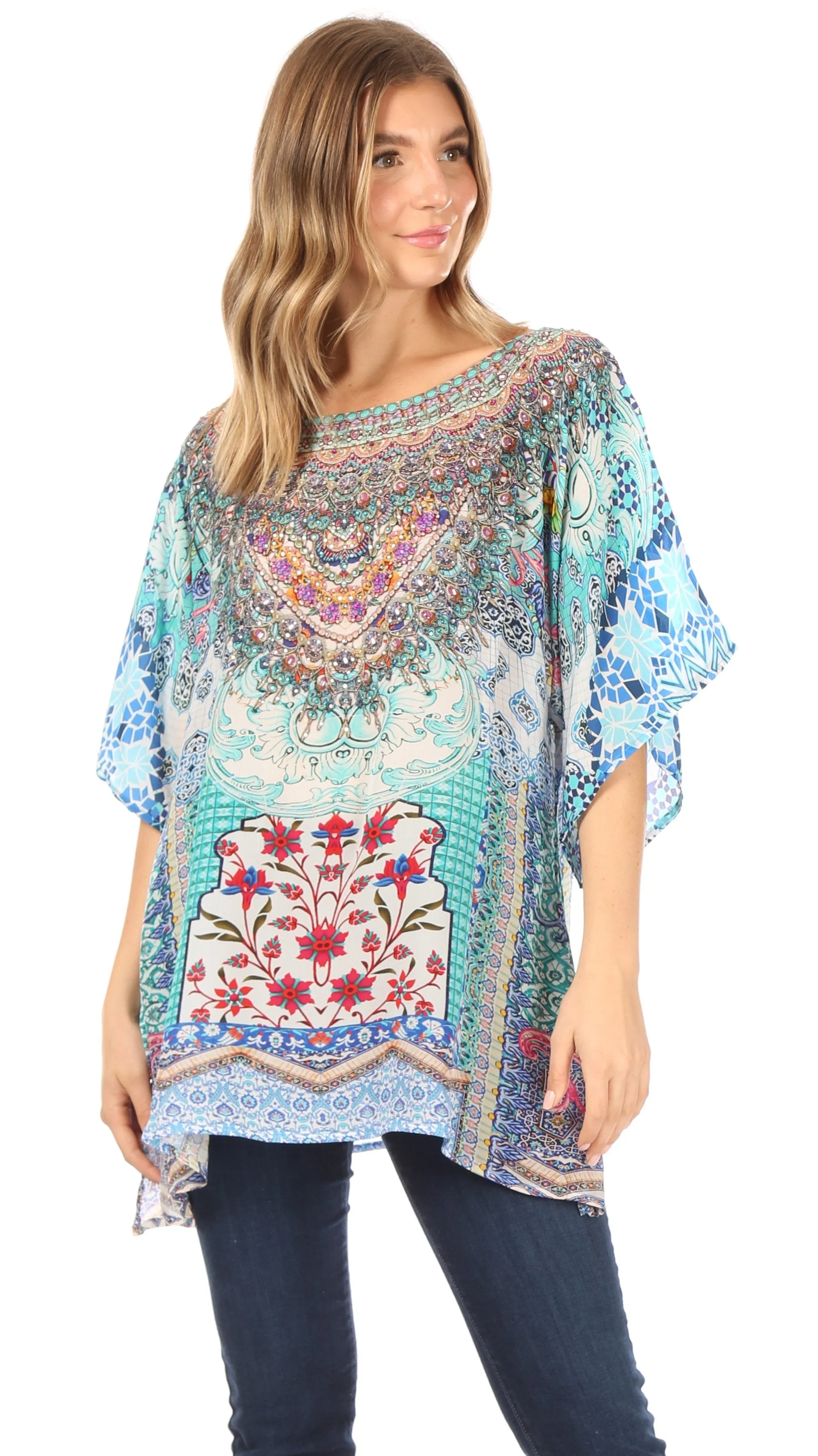 Sakkas Ella Women's Casual Short Sleeve Boxy Trendy Print Boho Blouse Top Tunic