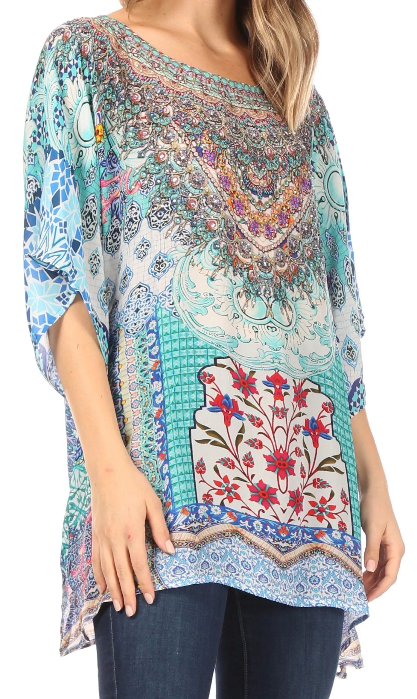 Sakkas Ella Women's Casual Short Sleeve Boxy Trendy Print Boho Blouse Top Tunic