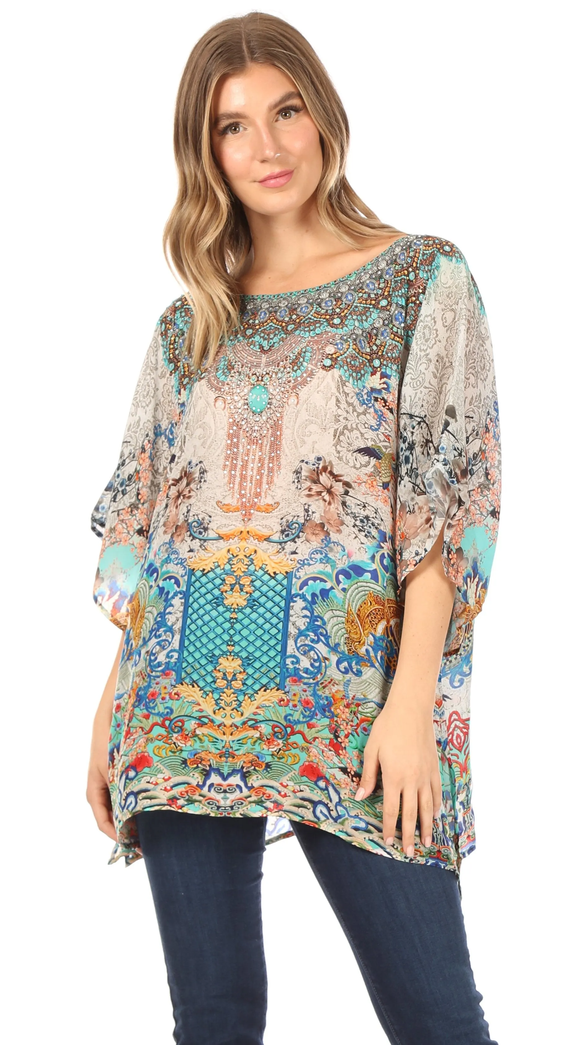 Sakkas Ella Women's Casual Short Sleeve Boxy Trendy Print Boho Blouse Top Tunic