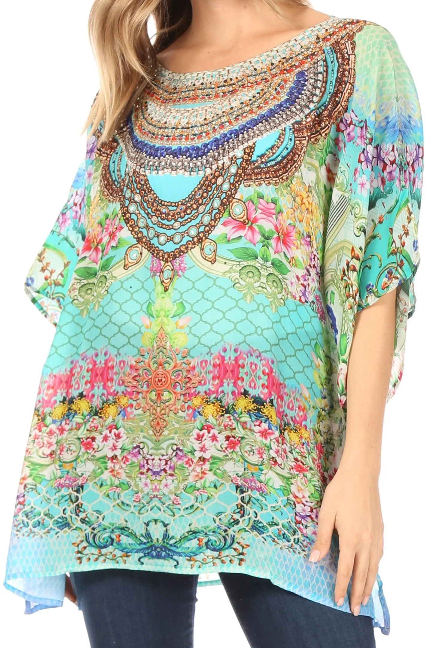 Sakkas Ella Women's Casual Short Sleeve Boxy Trendy Print Boho Blouse Top Tunic