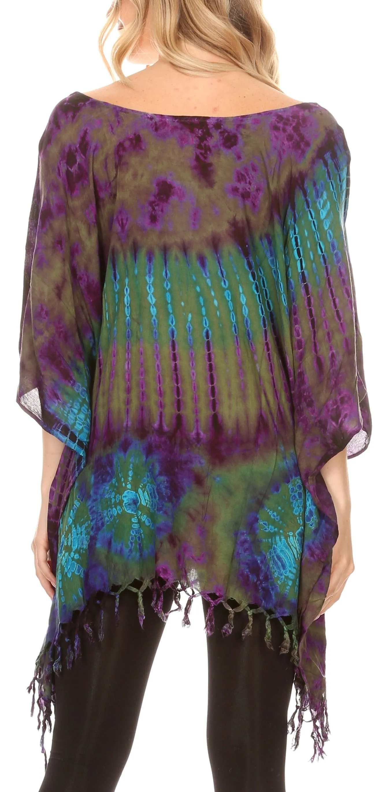 Sakkas Geno Round Neck Casual Boho Short Sleeve Loose Blouse Top Cover-up w/Fringe