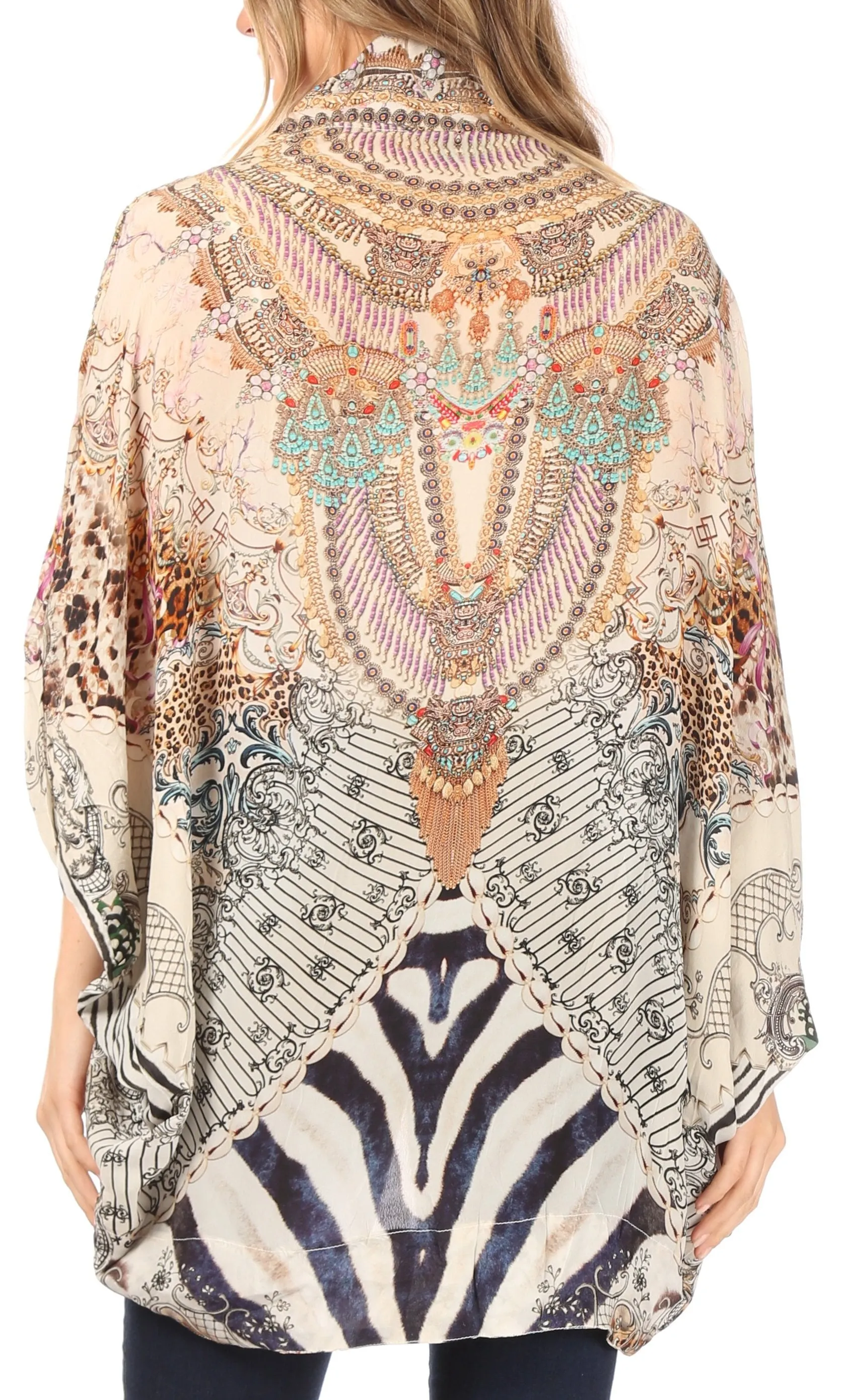 Sakkas Jenna Women's Casual Boho Sheer Kimono Loose Cardigan Cape Trendy Printed