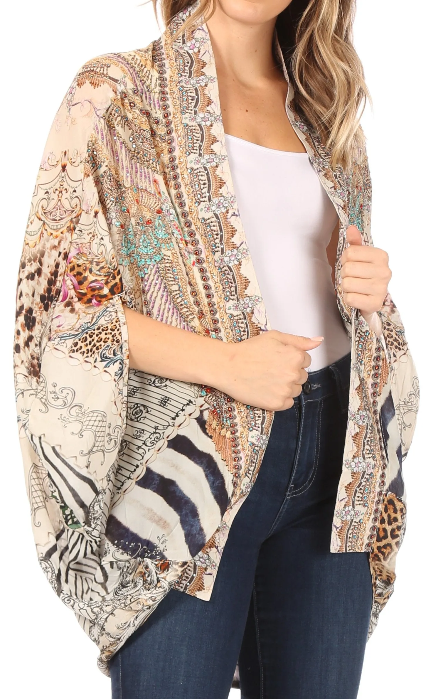 Sakkas Jenna Women's Casual Boho Sheer Kimono Loose Cardigan Cape Trendy Printed