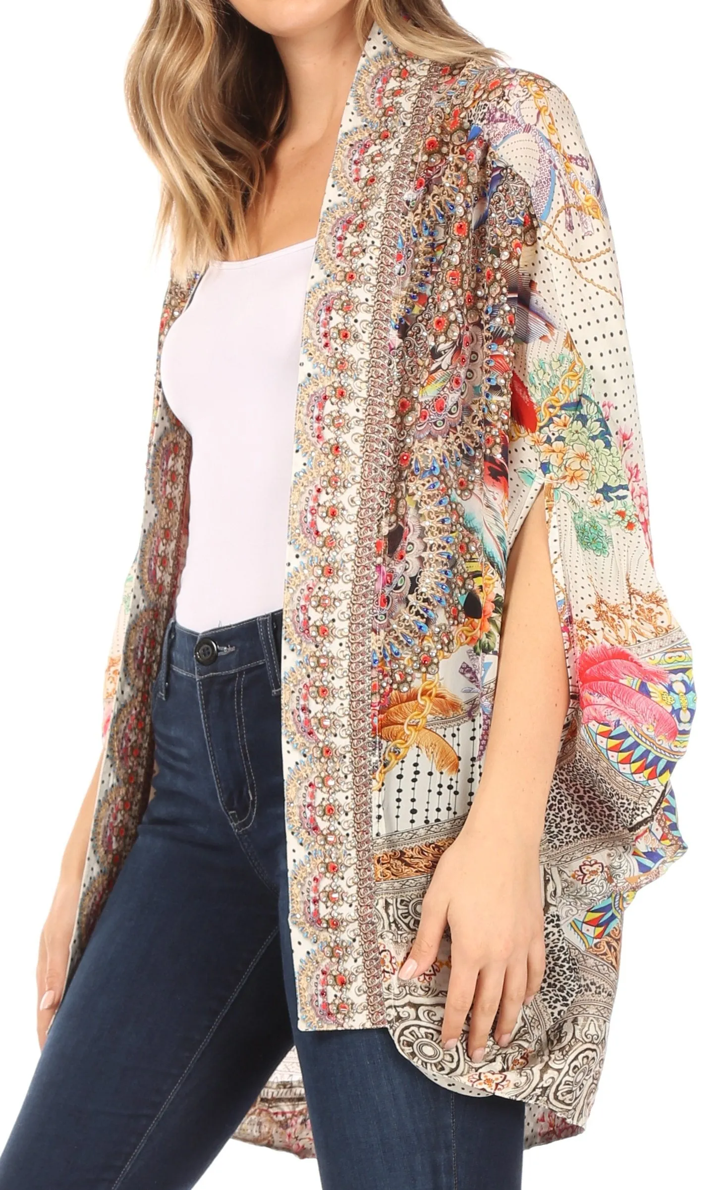 Sakkas Jenna Women's Casual Boho Sheer Kimono Loose Cardigan Cape Trendy Printed