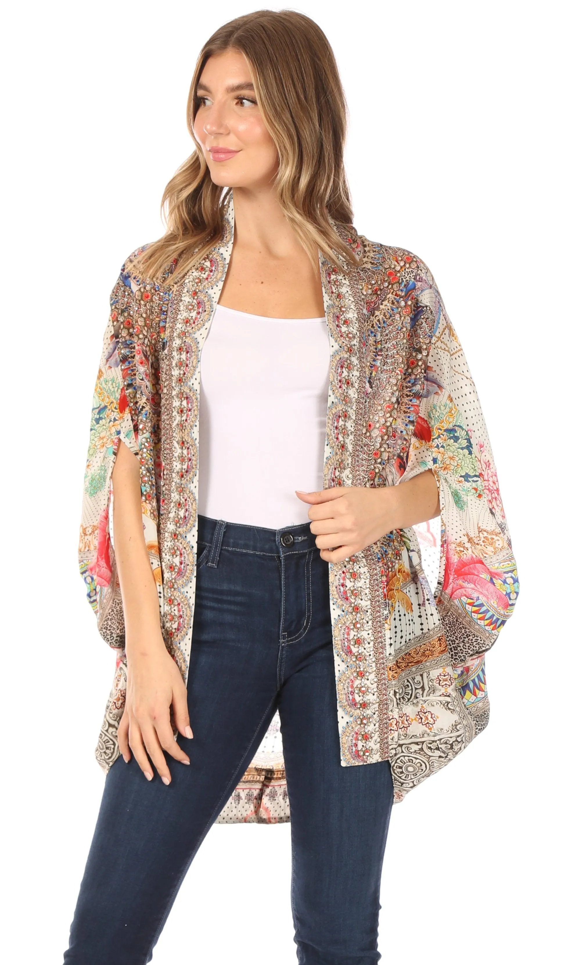 Sakkas Jenna Women's Casual Boho Sheer Kimono Loose Cardigan Cape Trendy Printed