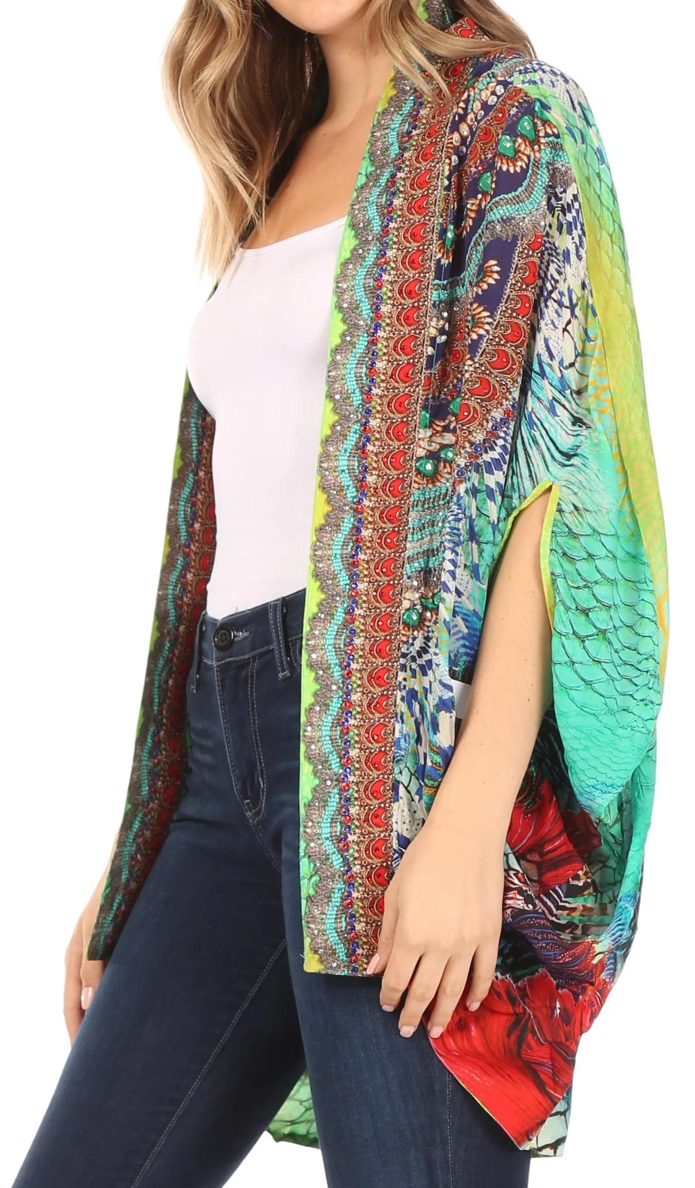 Sakkas Jenna Women's Casual Boho Sheer Kimono Loose Cardigan Cape Trendy Printed