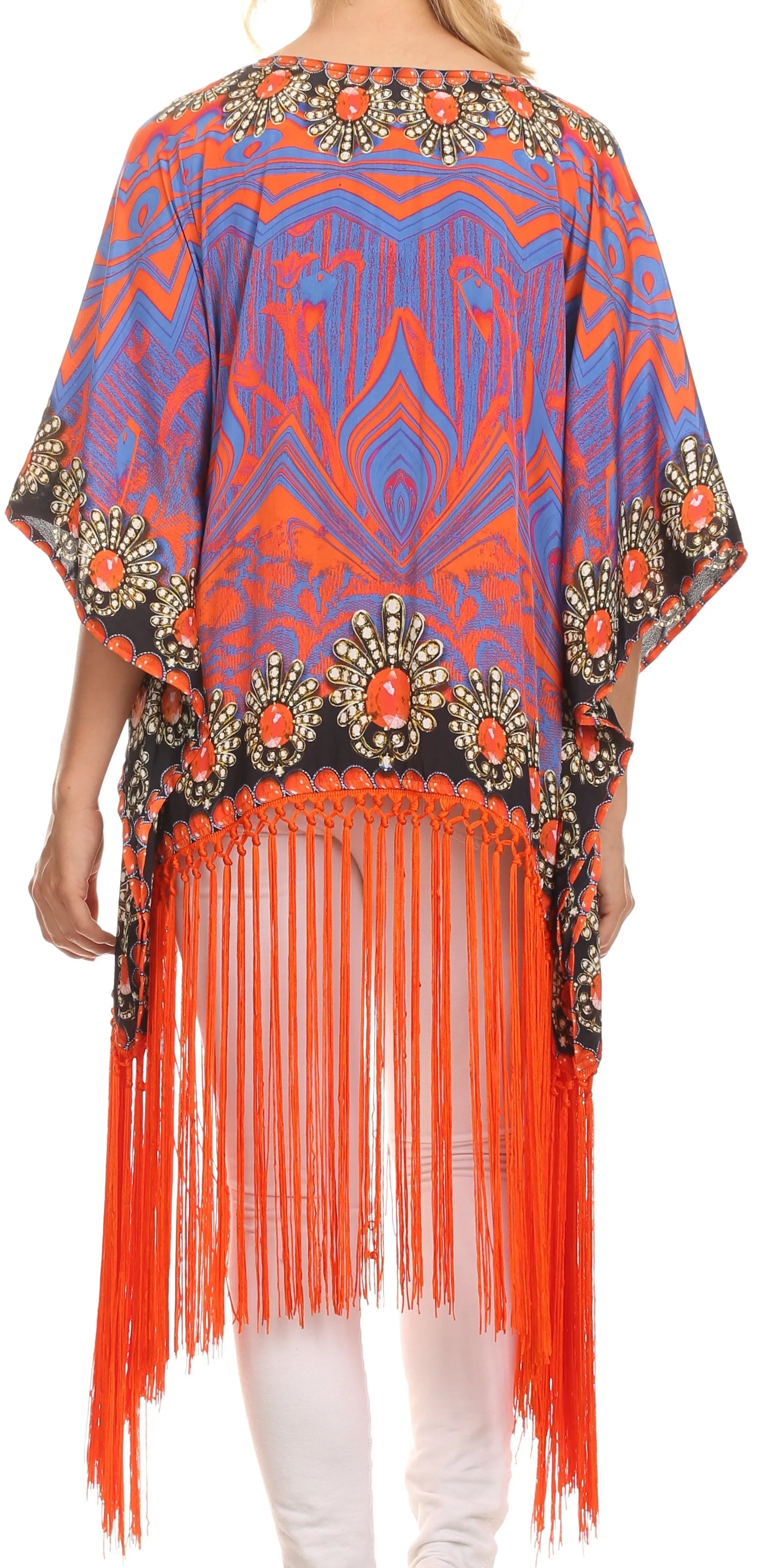 Sakkas Keagan Mid Length Poncho Blouse Shirt Top With Fringe And Tribal Print