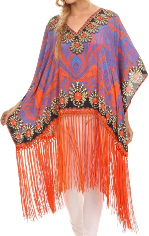 Sakkas Keagan Mid Length Poncho Blouse Shirt Top With Fringe And Tribal Print