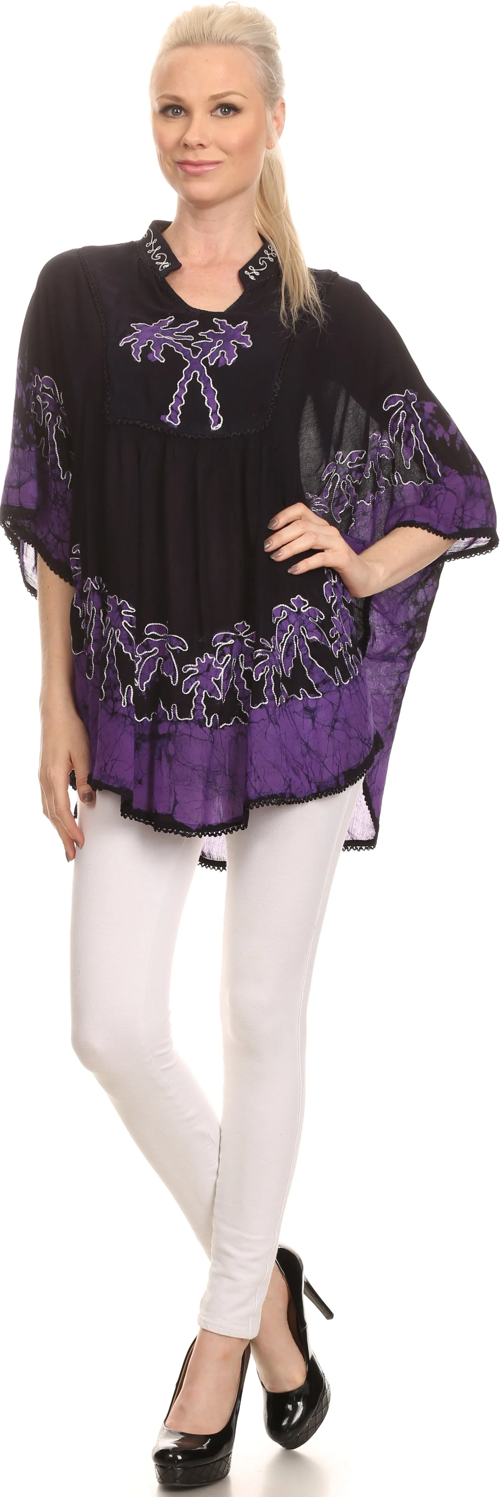 Sakkas Kevitas Long Embroiderd Palm Tree Tie Dye Tunic Blouse Shirt Poncho Top