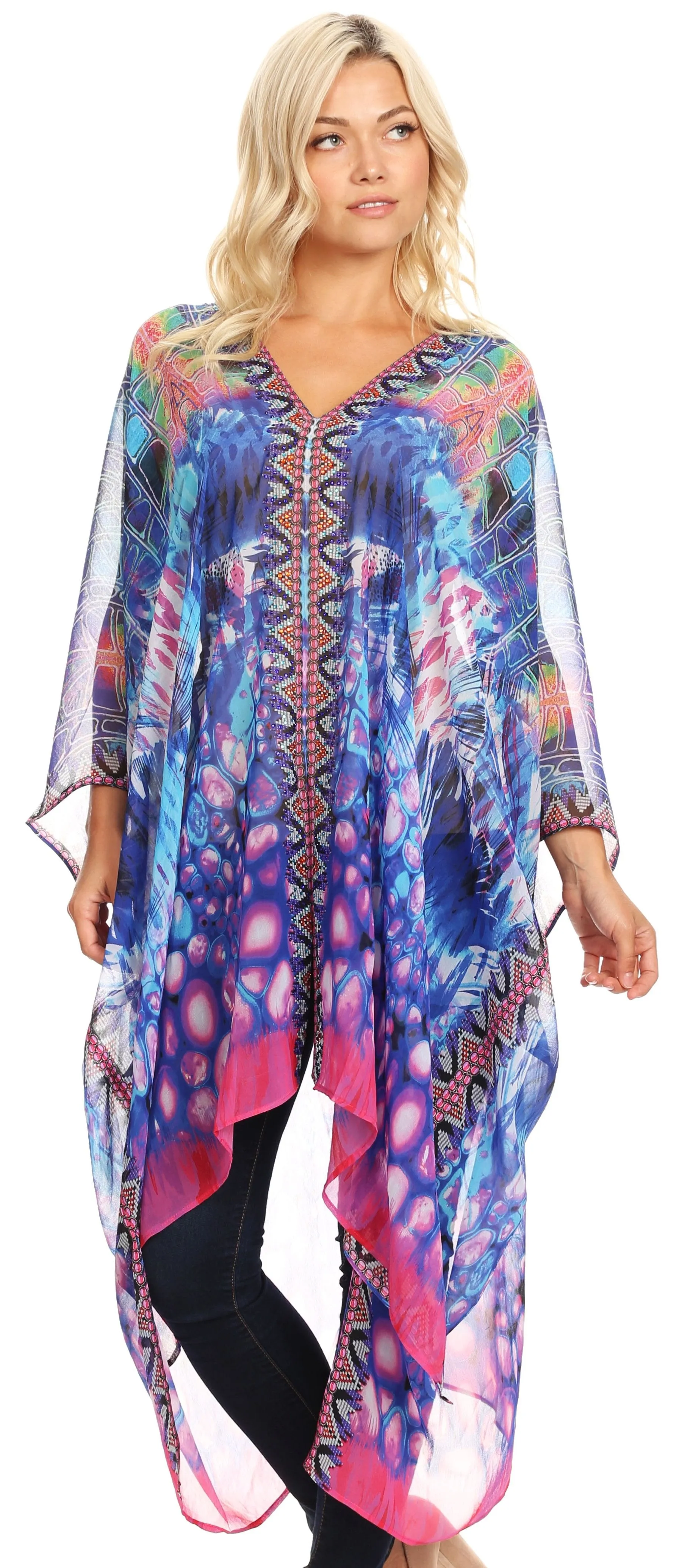 Sakkas Livi  Women's V Neck Beach Dress Cover up Caftan Top Loose with Rhinestone